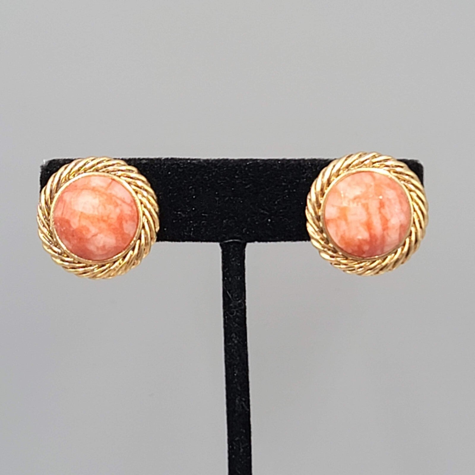 Vintage Orange White Faceted Gold tone Clip on Earrings Round 3/4"