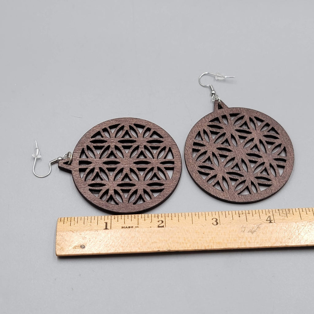 Wood Cut Large Boho Pierced Earrings Silver tone Dangle 2.25 in