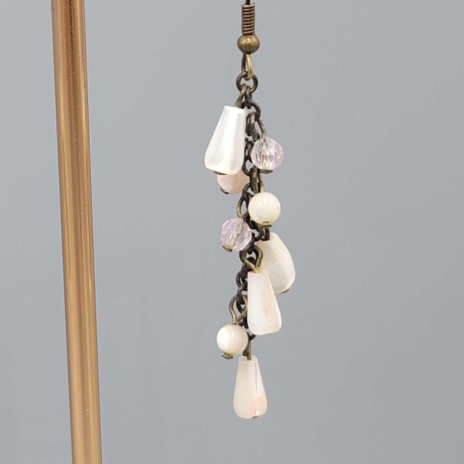 Mother of Pearl Beads Pierced Earrings Bronze tone Dangle 2 in