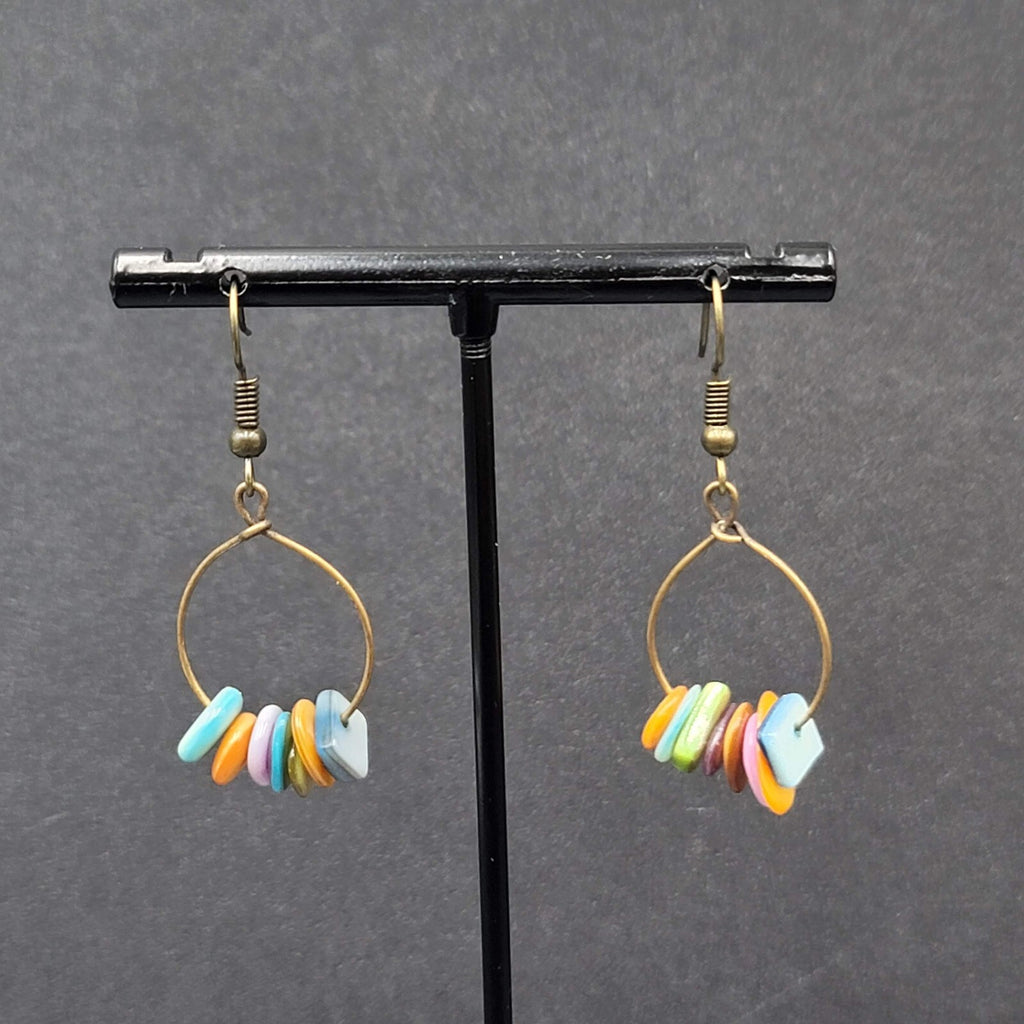 Pierced Earrings Multicolor Shell Beads Dangle Hoops 1 1/8"