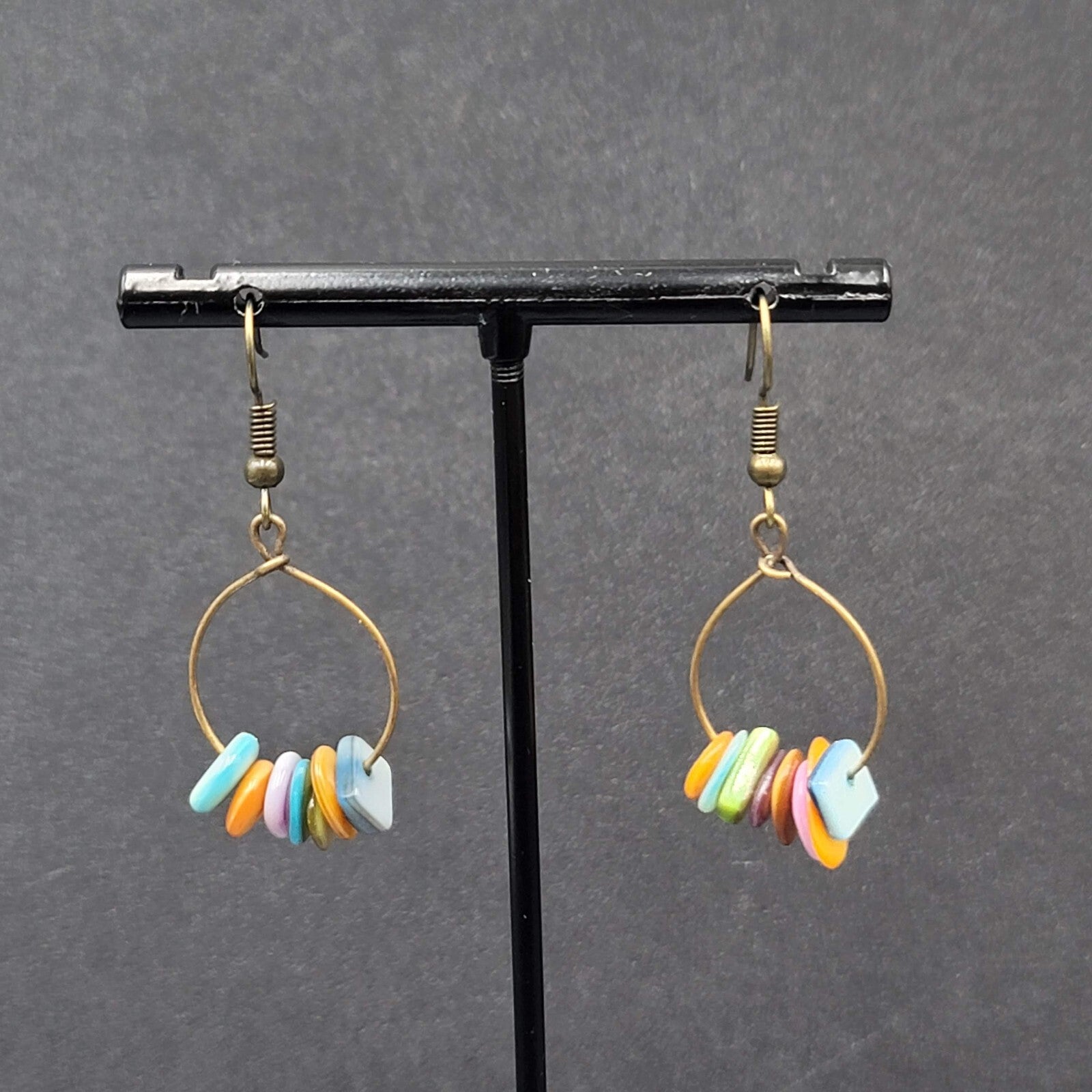 Pierced Earrings Multicolor Shell Beads Dangle Hoops 1 1/8"
