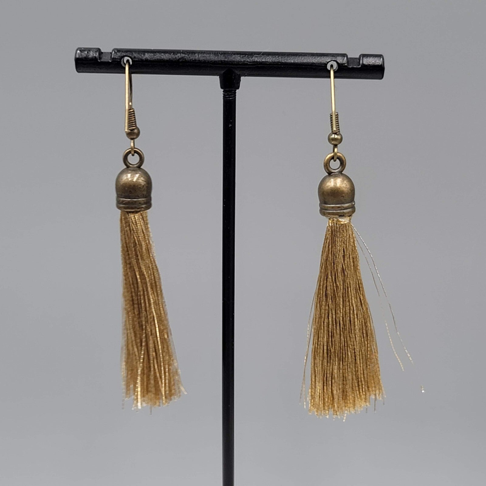 Tassel Pierced Earrings Bronze tone Gold Thread Dangle 2"
