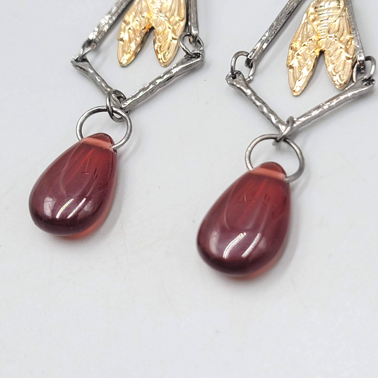 Fly Bug Black Metal Red Bead Pierced Earrings Long Dangle 2.5"