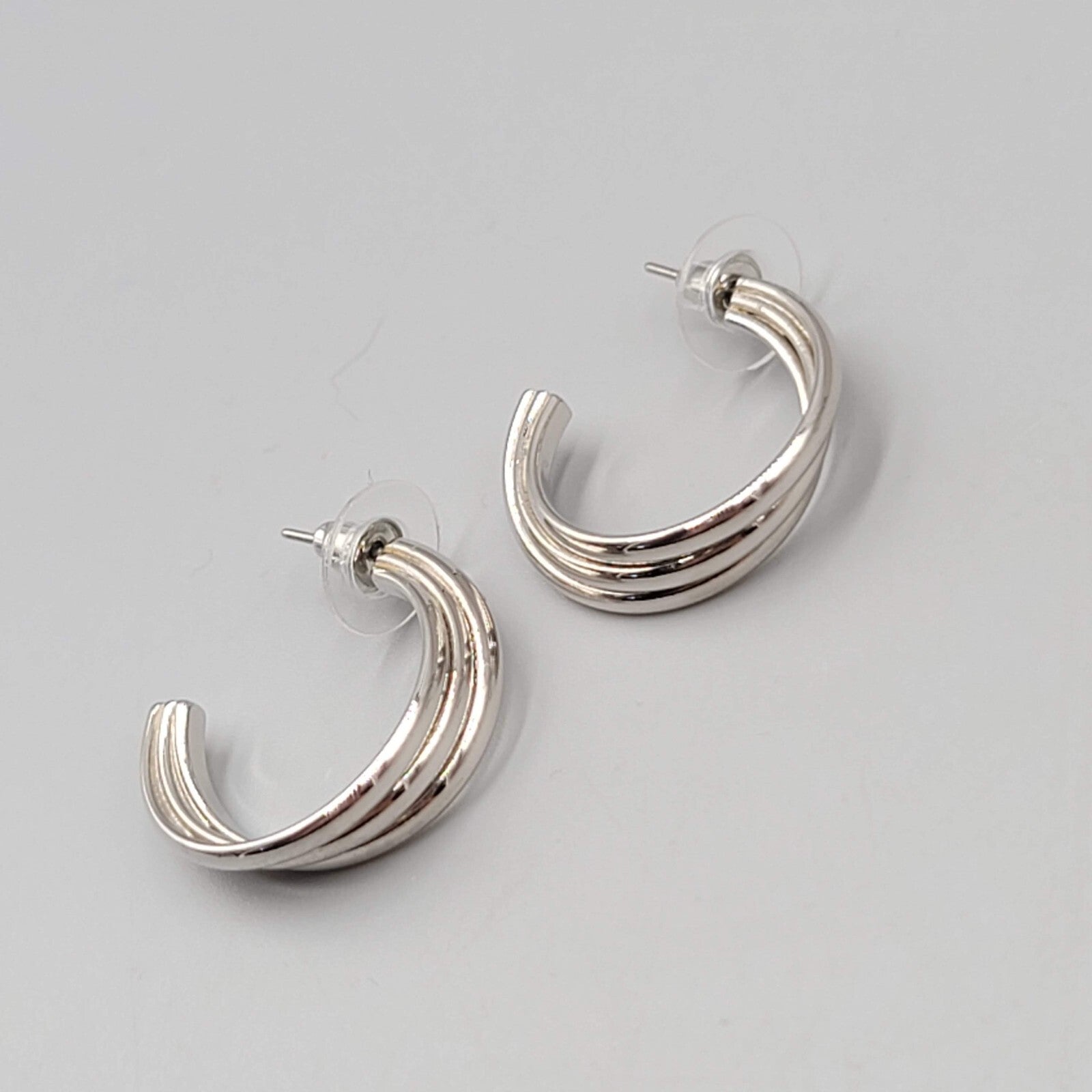 Silver tone Triple Wire Twist Hoop Pierced Earrings Hoops Drop 1"