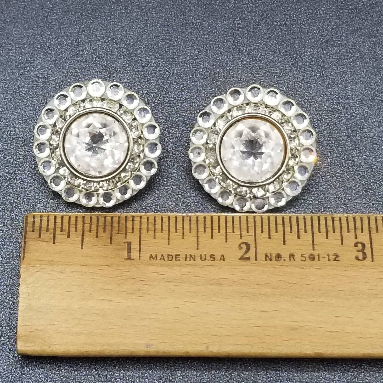 Vintage Clip on Earrings Silver tone Faceted Crystal Button Style Stud 1 1/8"