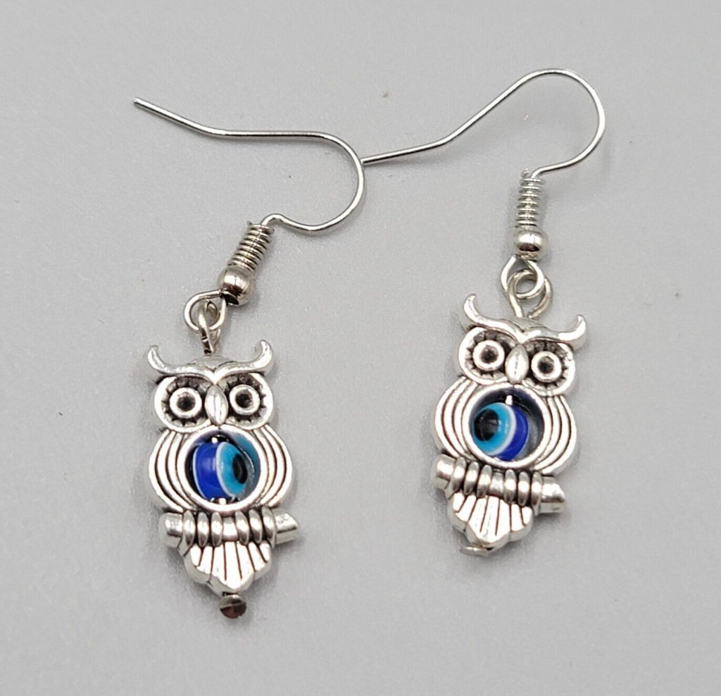 Owl Evil Eye Pierced Earrings Silver tone Blue Bead Dangle 1"