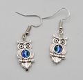 Owl Evil Eye Pierced Earrings Silver tone Blue Bead Dangle 1"