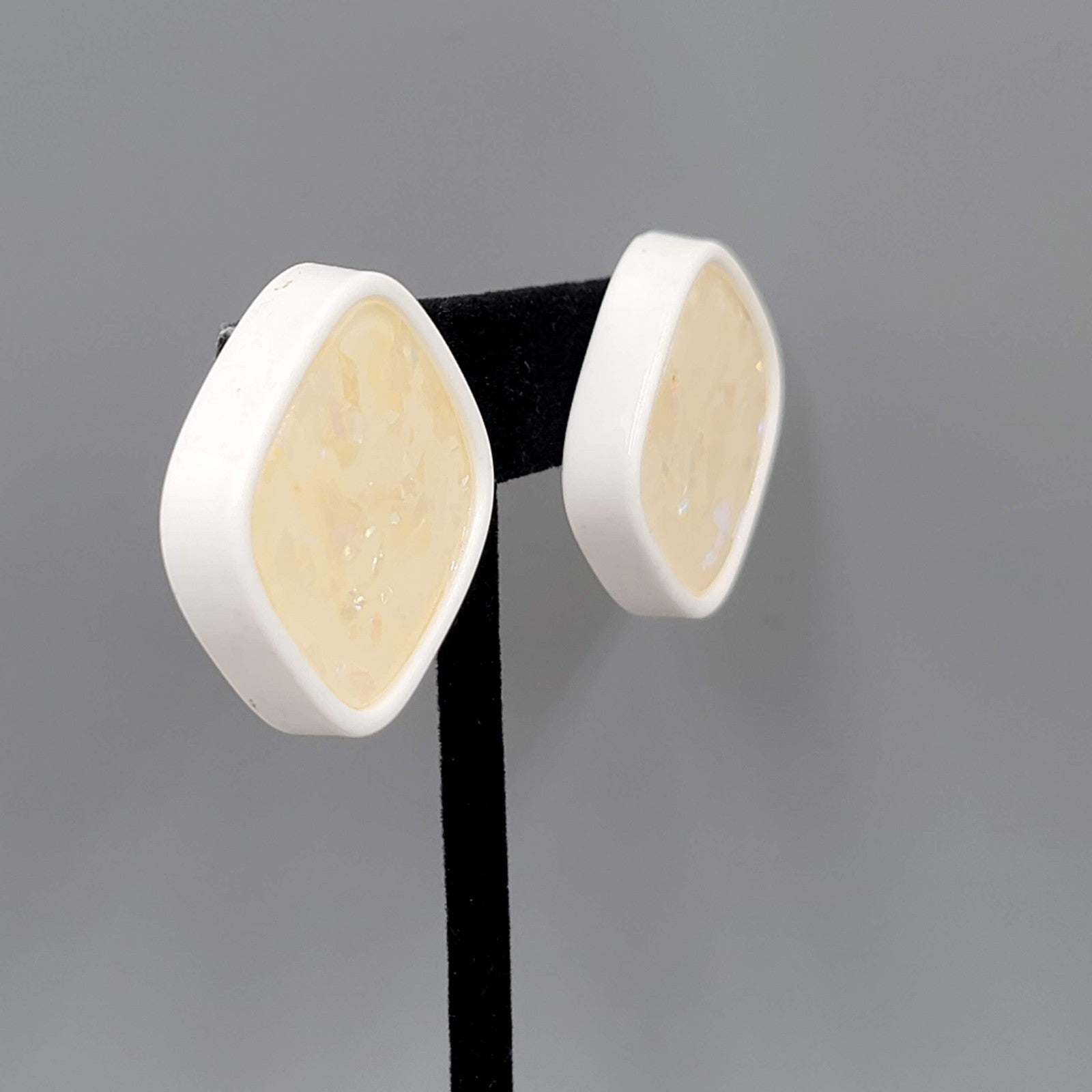 Vintage White Confetti Pierced Earrings Acrylic Square Drop 1.25"