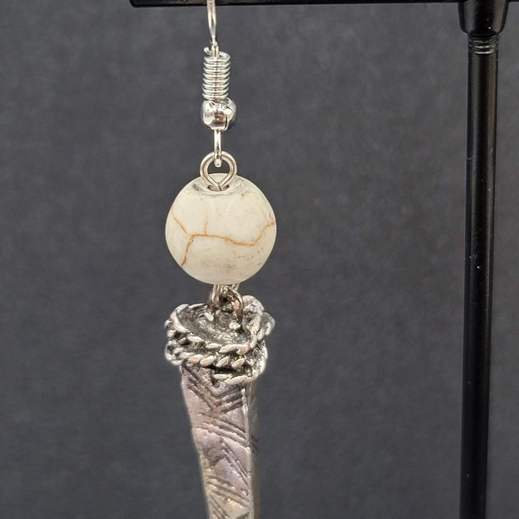 Pierced Earrings Silver tone White Stone Bead Dangle Spike 2.25"