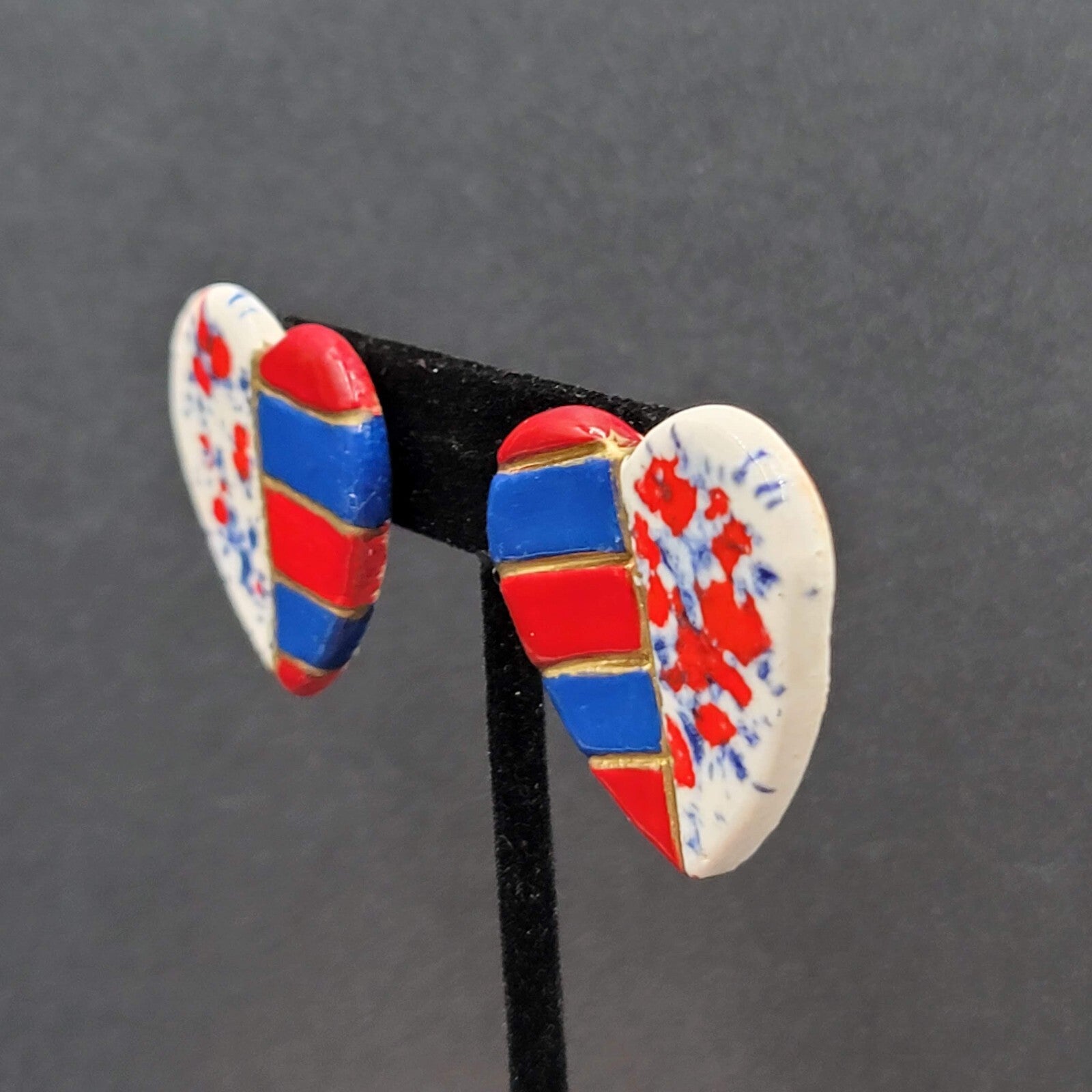 Vtg Heart Pierced Earrings Ceramic Hand Painted Patriotic Red White Blue 1.25"