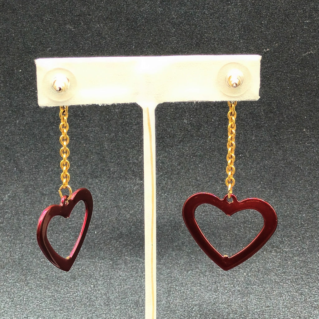 Pierced Earrings Gold tone Chain Sparkle Red Enamel Open Heart 2 1/2"