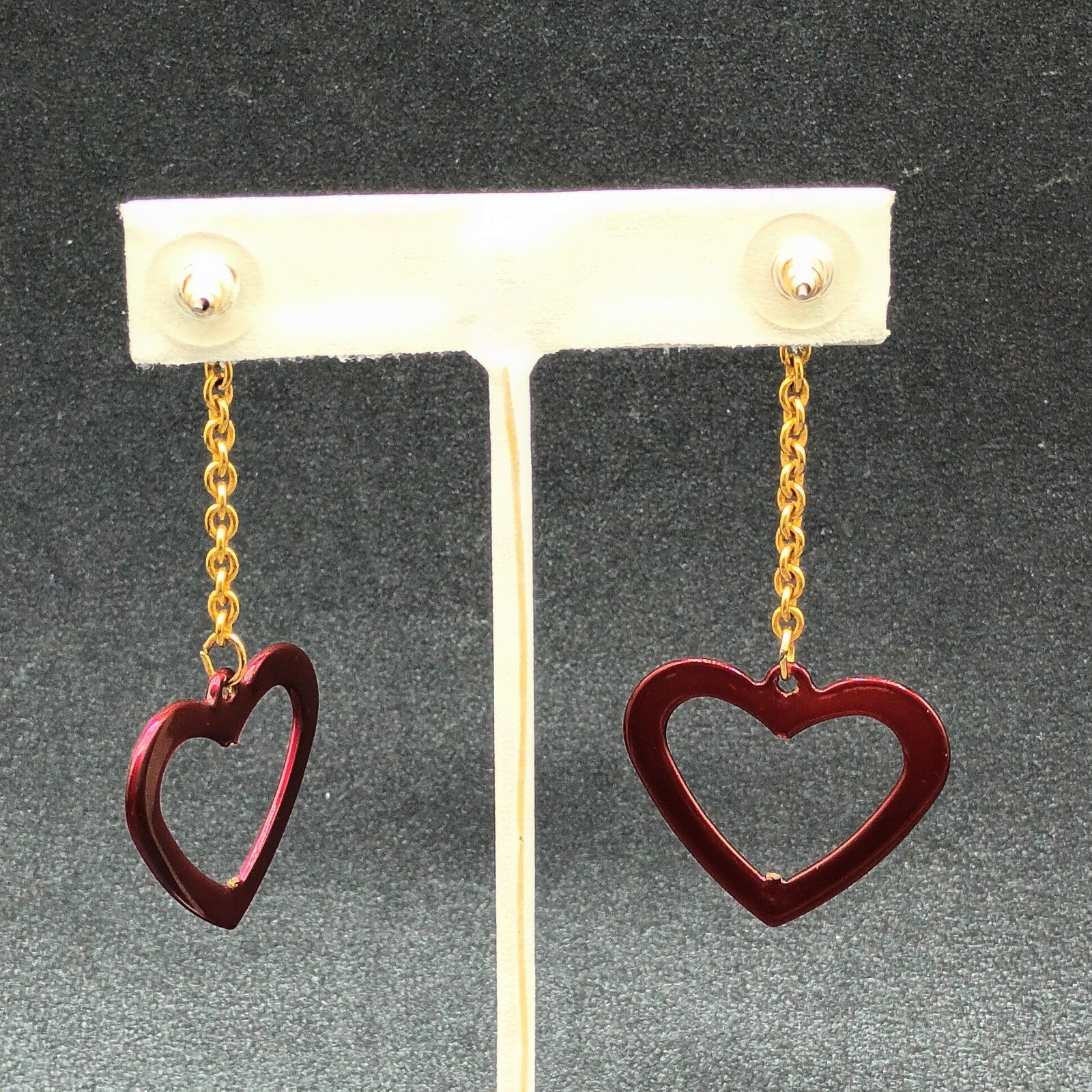 Pierced Earrings Gold tone Chain Sparkle Red Enamel Open Heart 2 1/2"