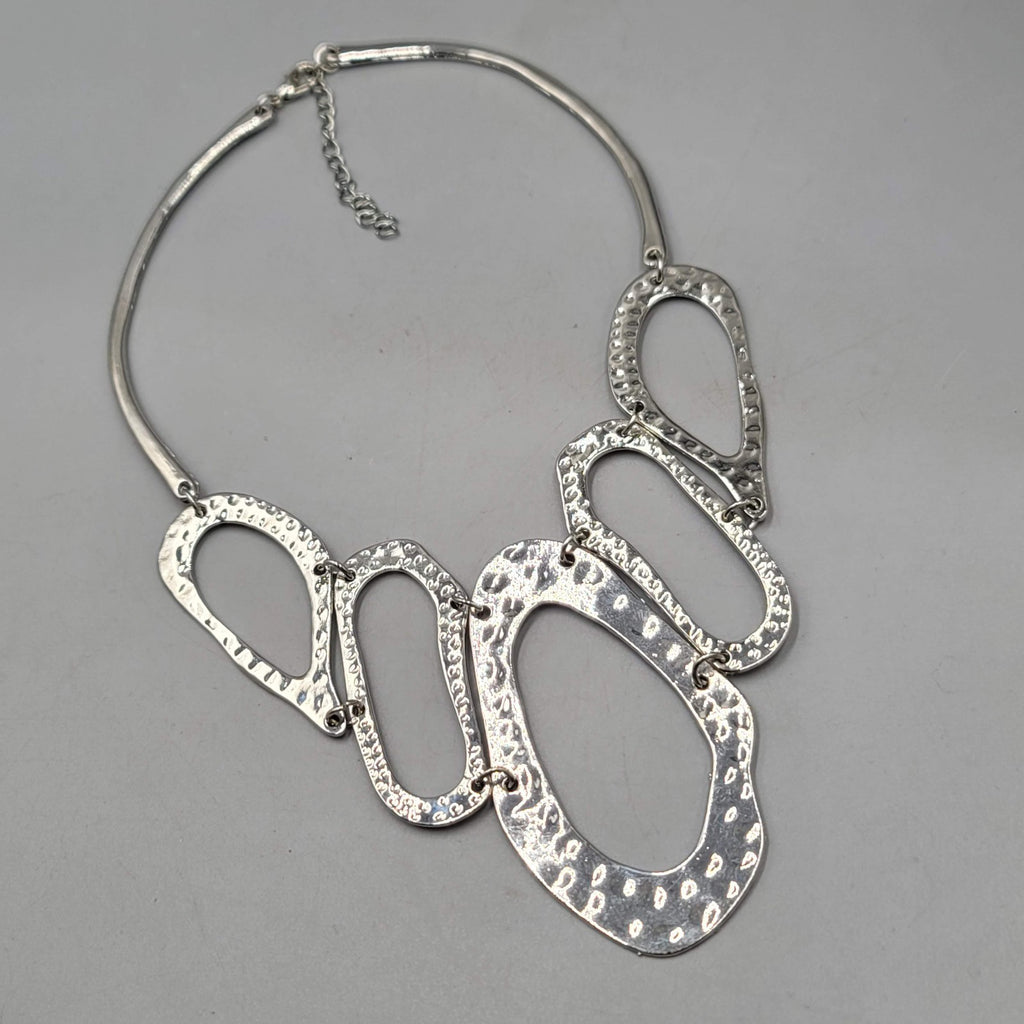 Statement Bib Hammered Silver tone Necklace 14"-18"