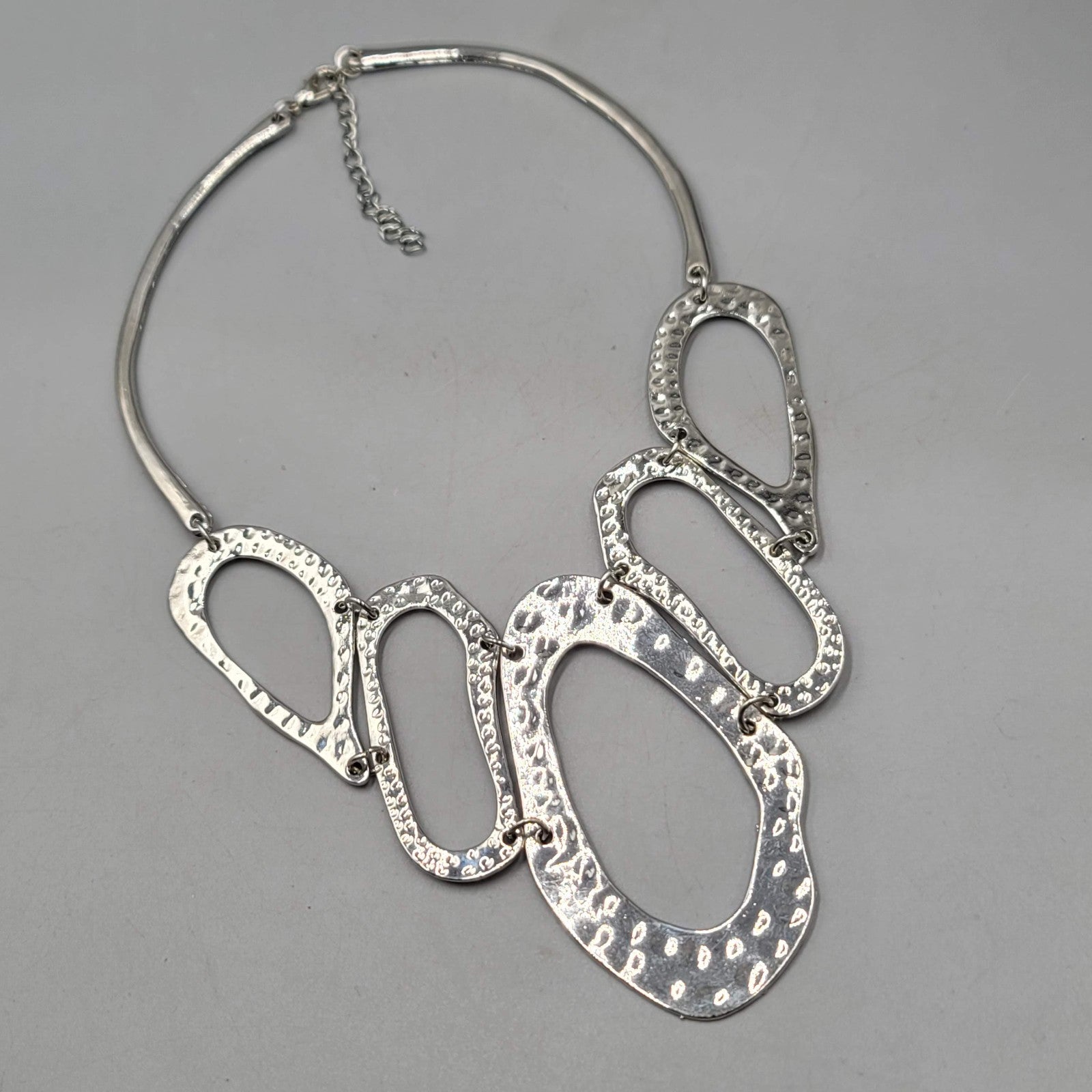 Statement Bib Hammered Silver tone Necklace 14"-18"