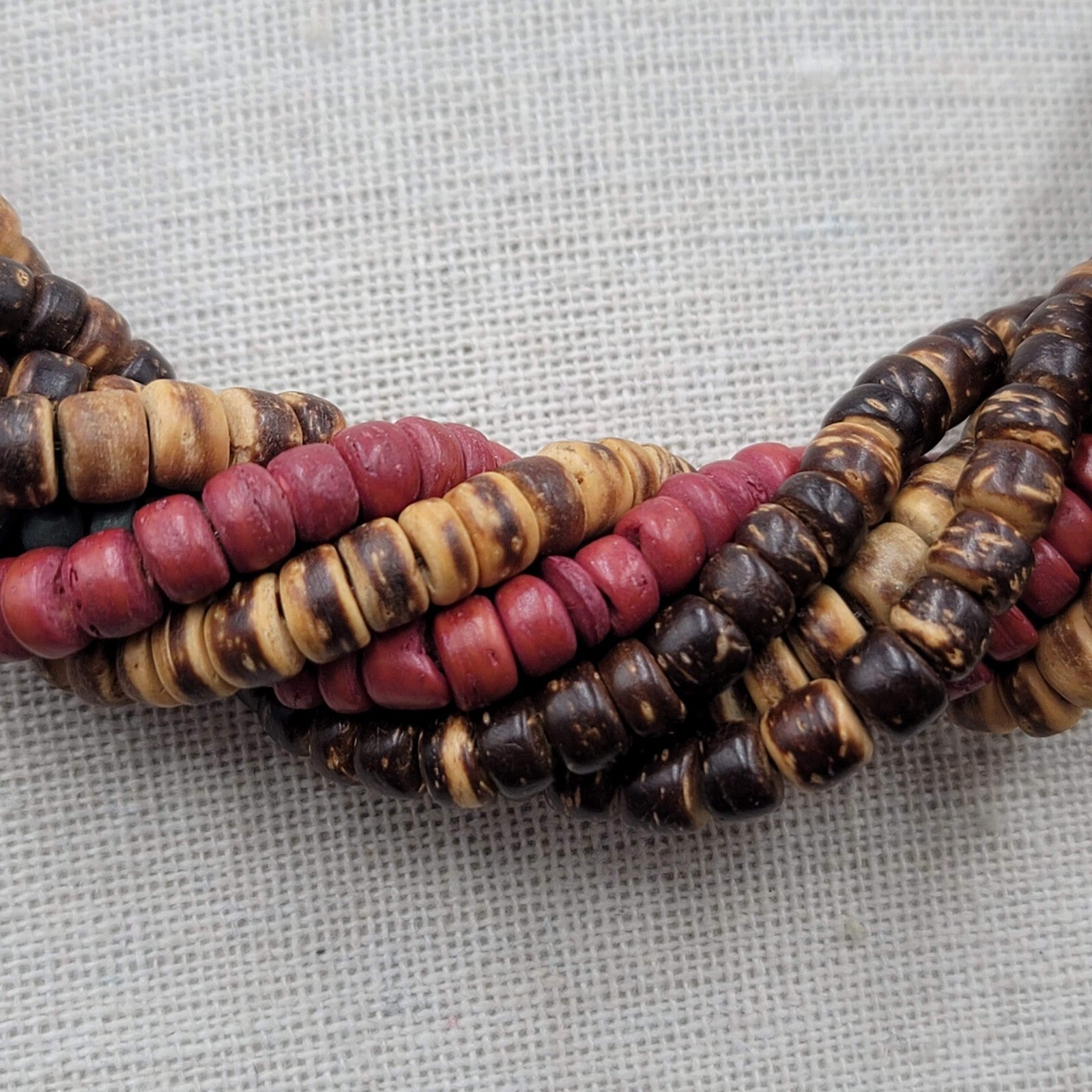 Vintage Coir Coconut Beads Necklace Multicolor Twist Statement 18"-20"
