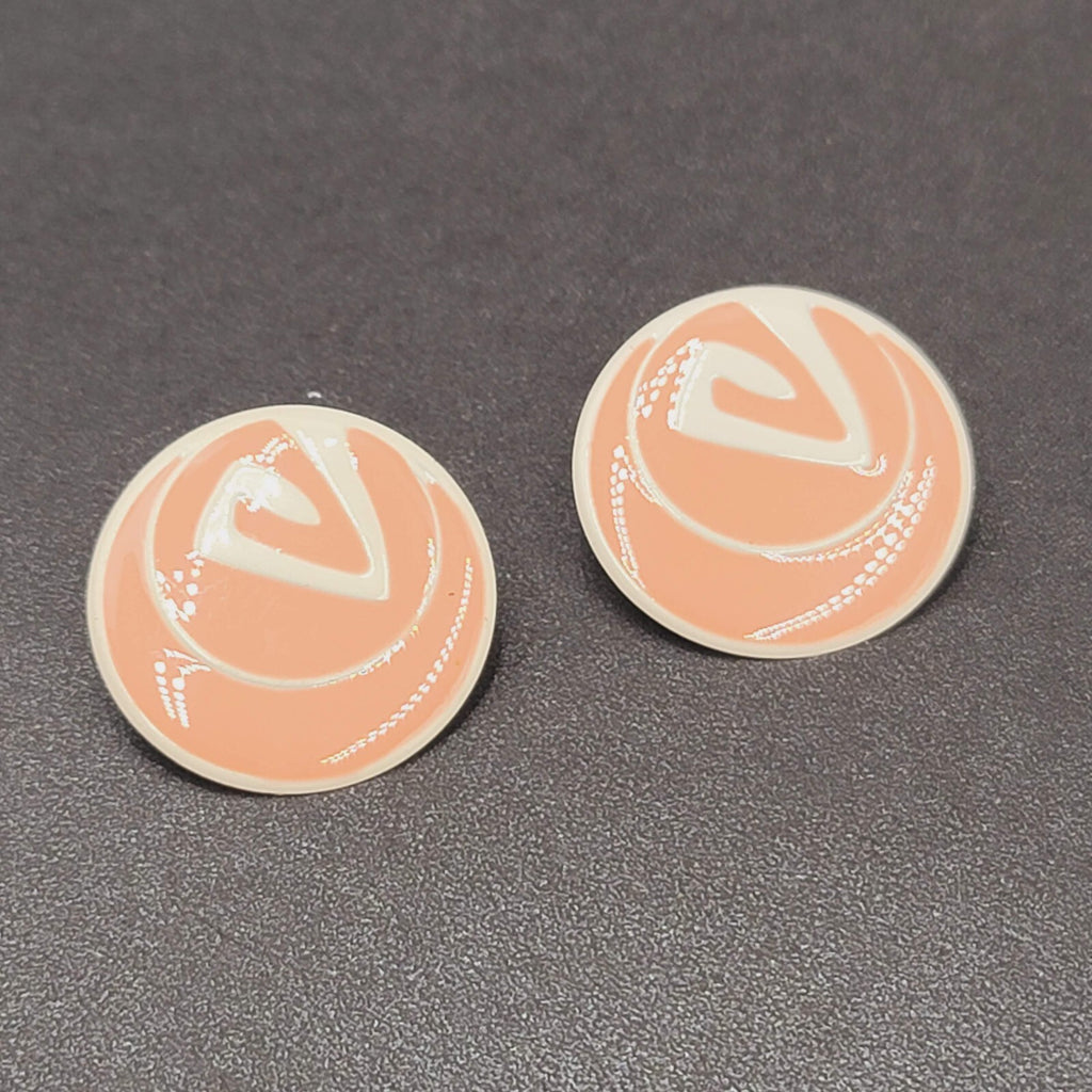 Vintage Pierced Earrings Peach White Enamel over Metal Round Drop 1.25"