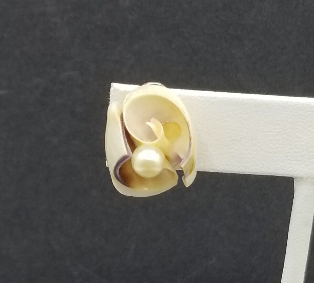 Vintage Clip On Earrings Cut Shell and Faux Pearl Screw Back Stud 3/4"