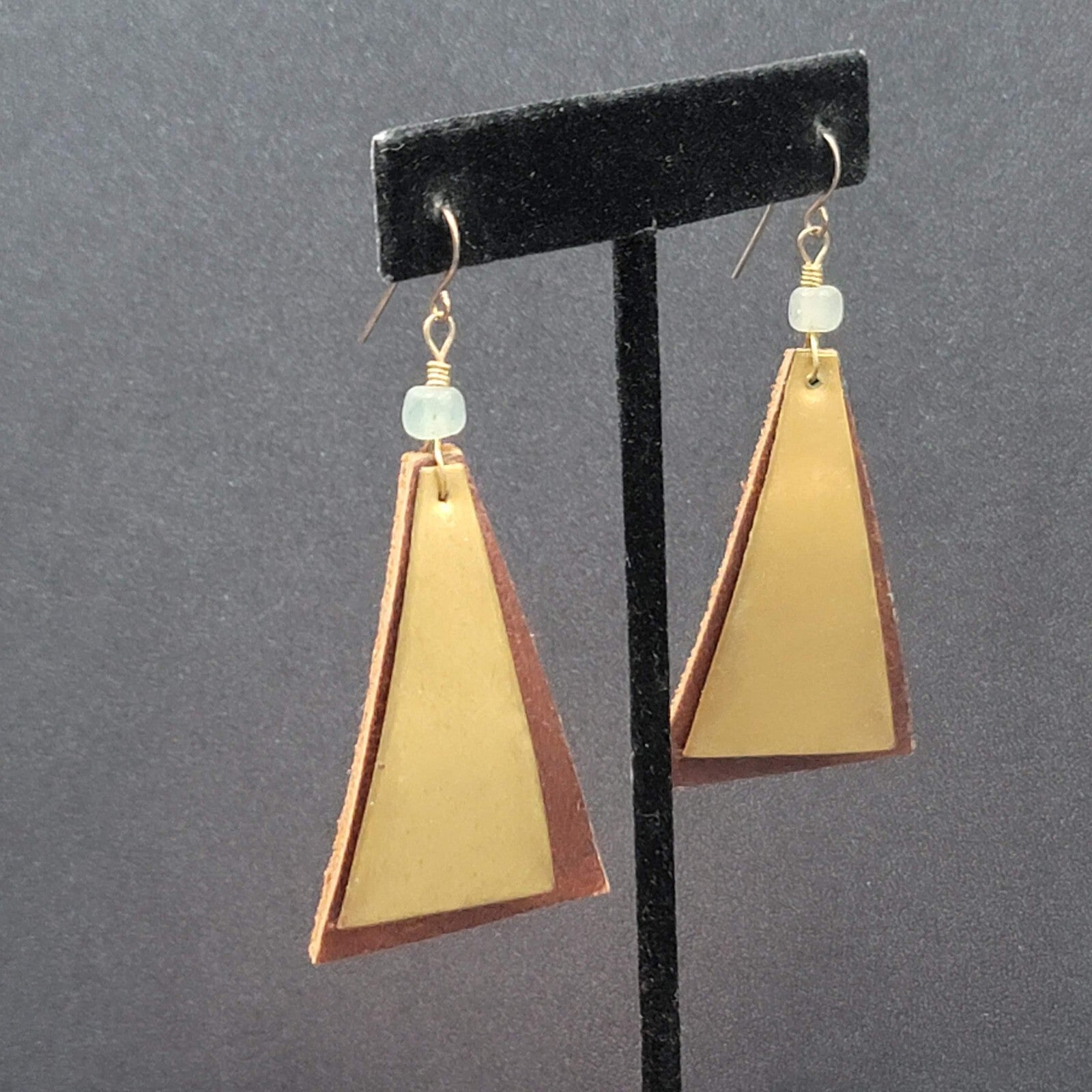 Vintage Artisan Pierced Earrings Leather And Brass Triangle Dangle  2.5"