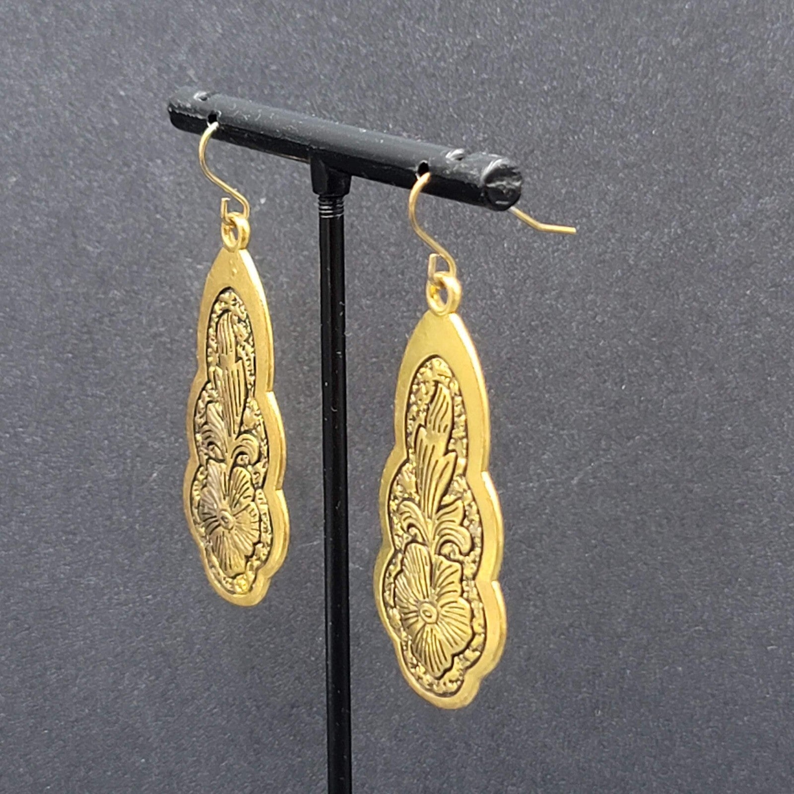 Pierced Earrings Gold Plated Black Embossed Flowers Dangle 1.75"