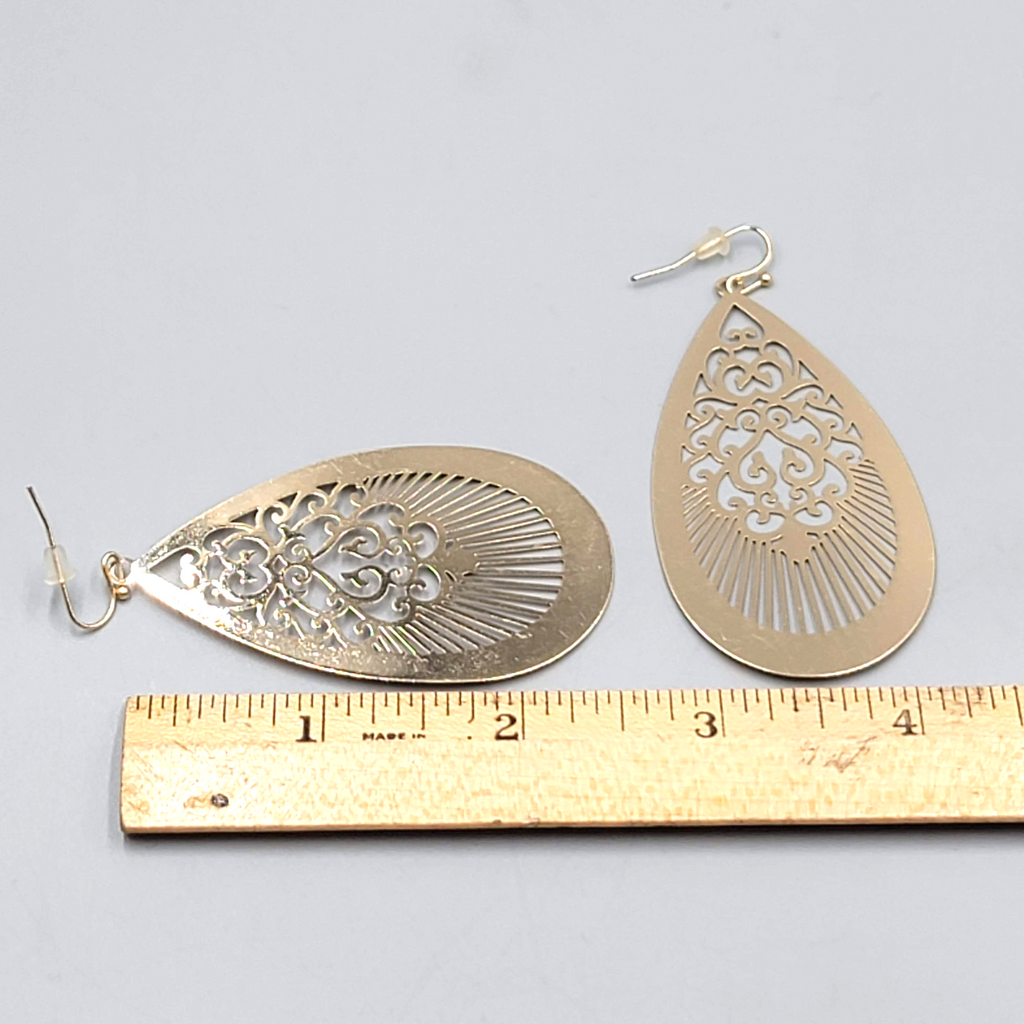 Large Gold tone Teardrop Pierced Earrings Open Work Dangle Thin 2.5"