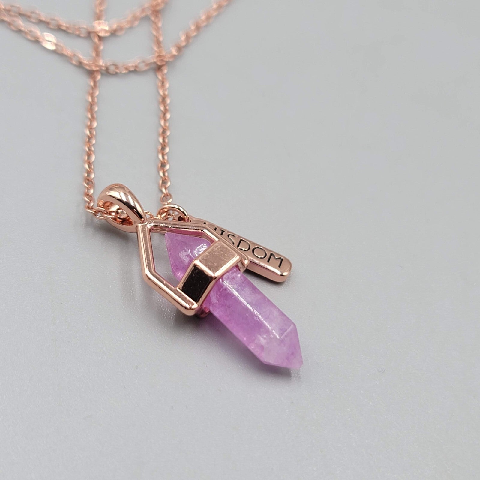 Wisdom Pendant Necklace Rose Gold tone Purple Resin 18"