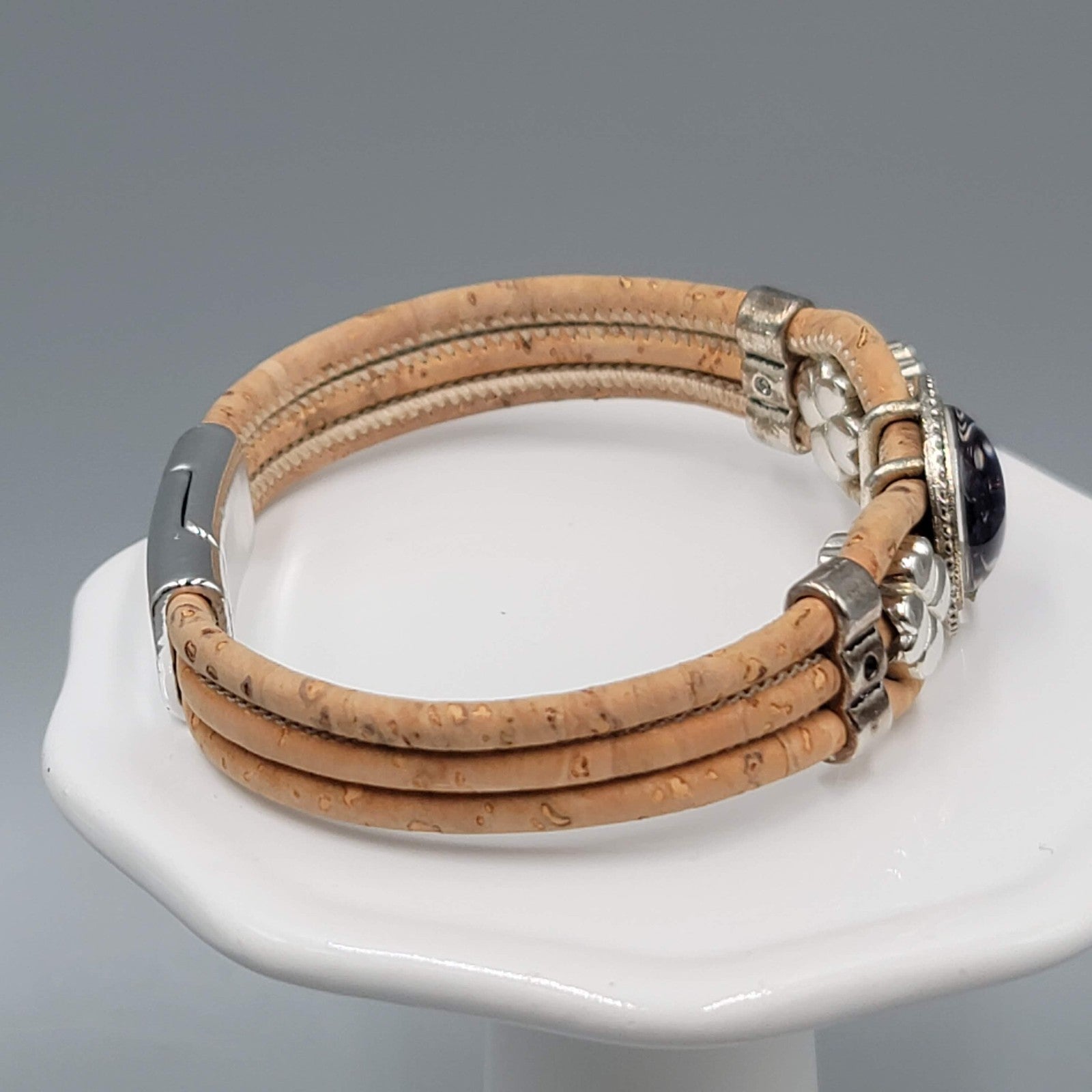 Cork Bracelet Blue Glass Cabochon Magnetic Clasp 7 in