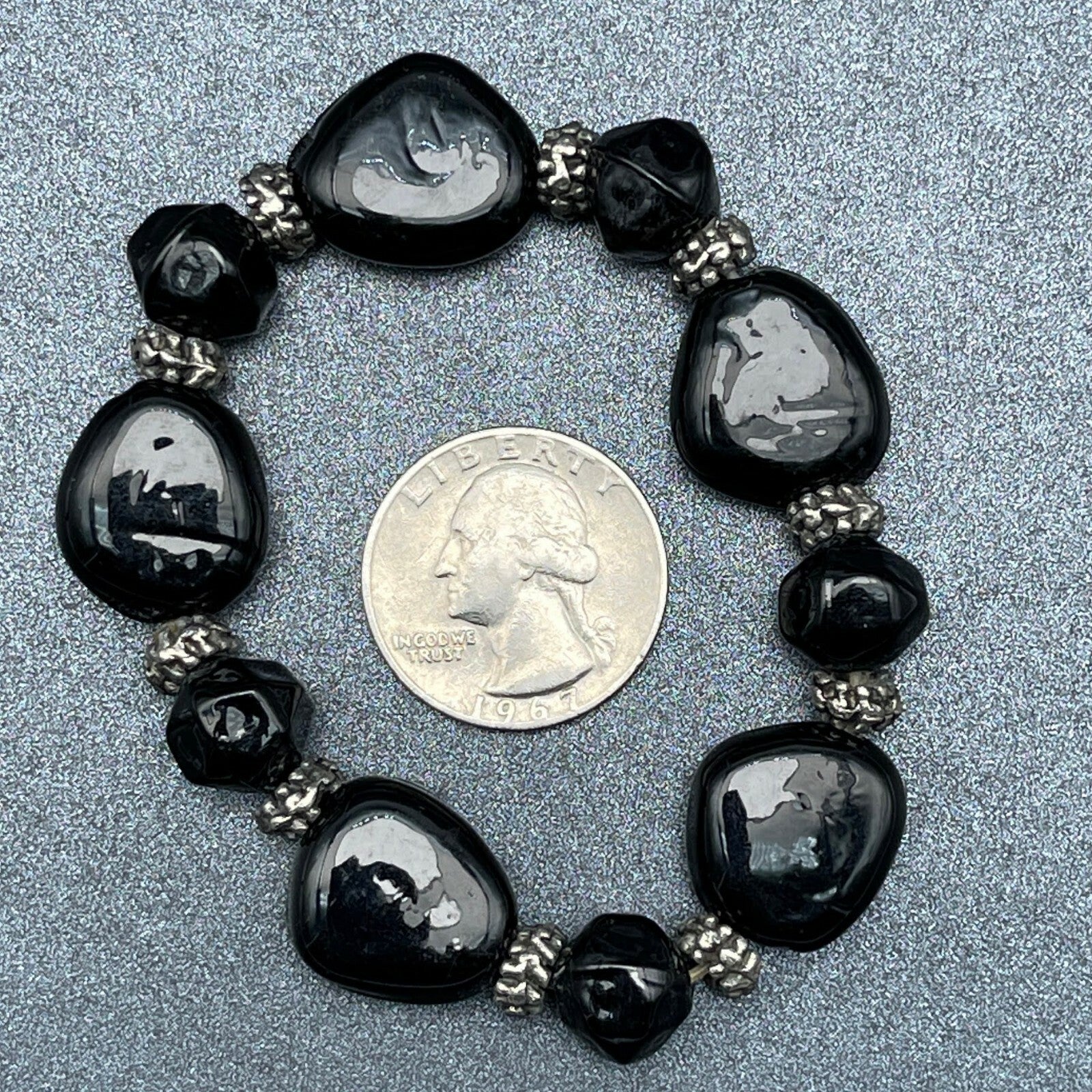 Black Glass and Silver tone Bead Beaded Stretch Elastic Bracelet