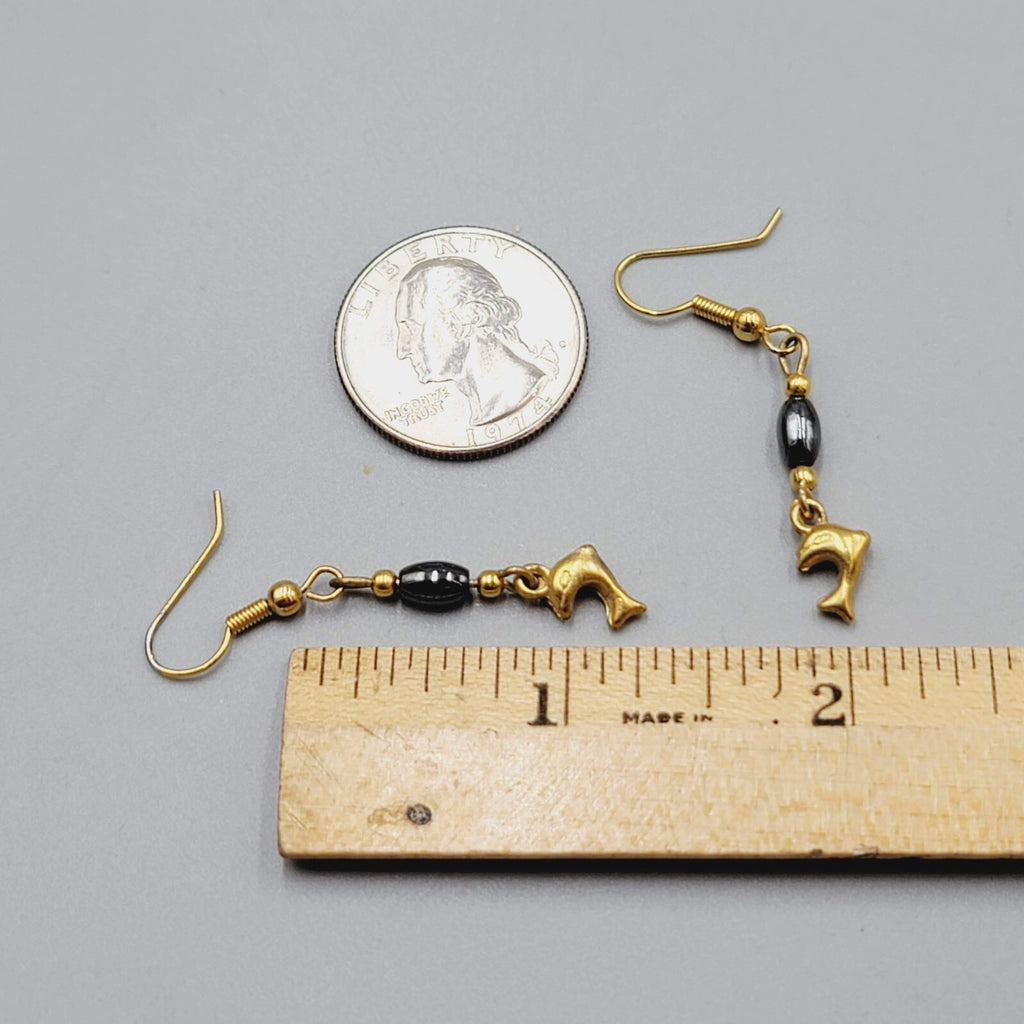 Vintage Dolphin Pierced Earrings Gold tone Hematite Stone Dangle 1 1/8"