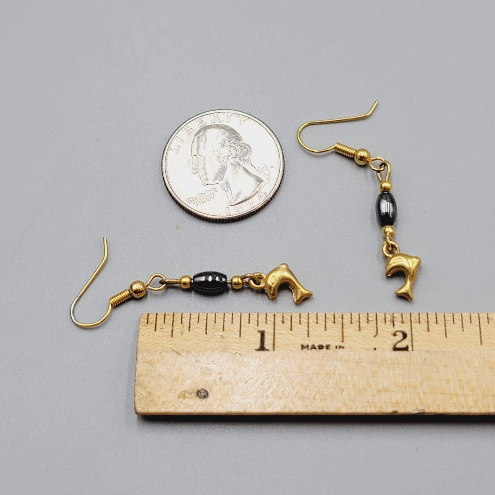 Vintage Dolphin Pierced Earrings Gold tone Hematite Stone Dangle 1 1/8"