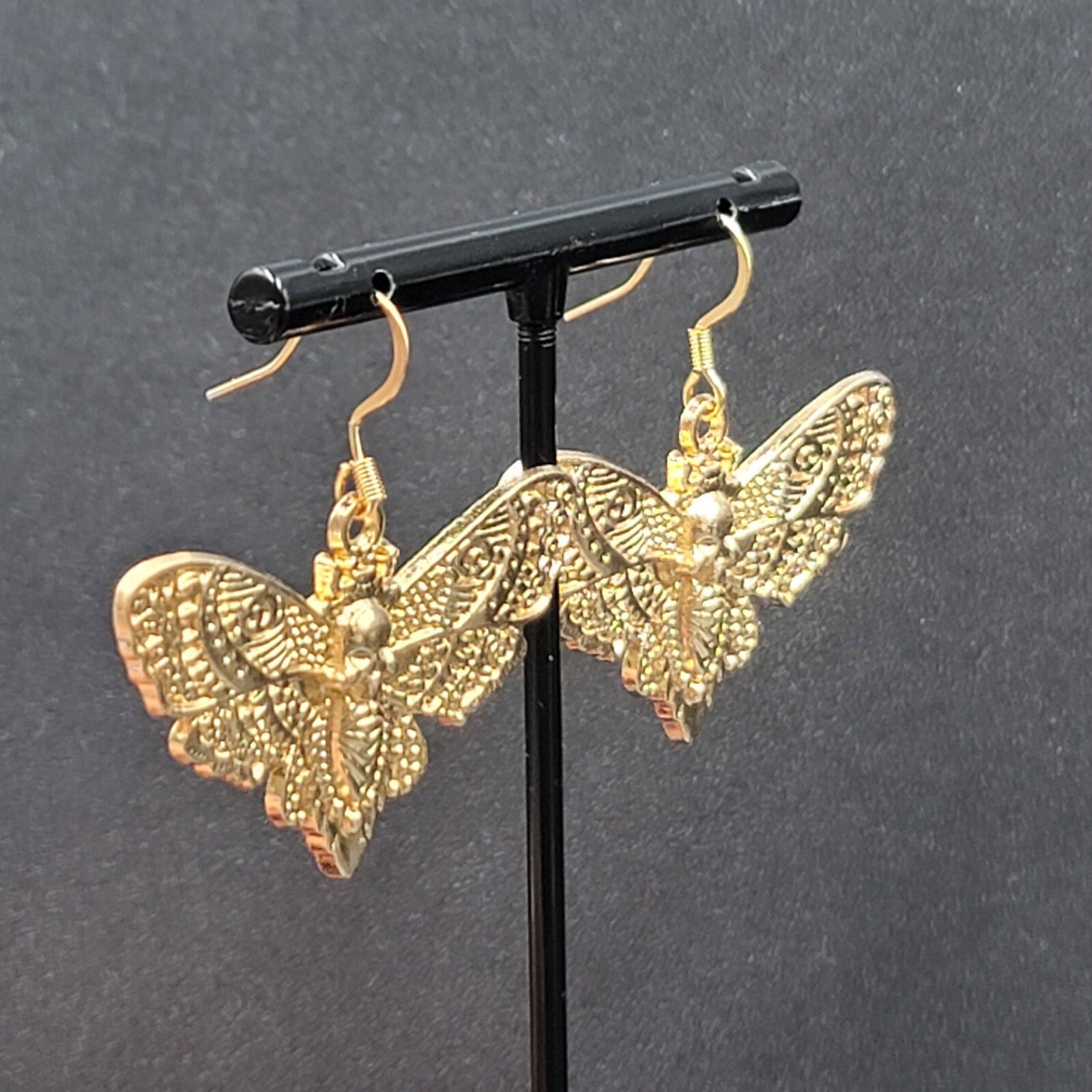 Death Head Moth Pierced Earrings Gold tone Dangle 1" x 1 5/8" 