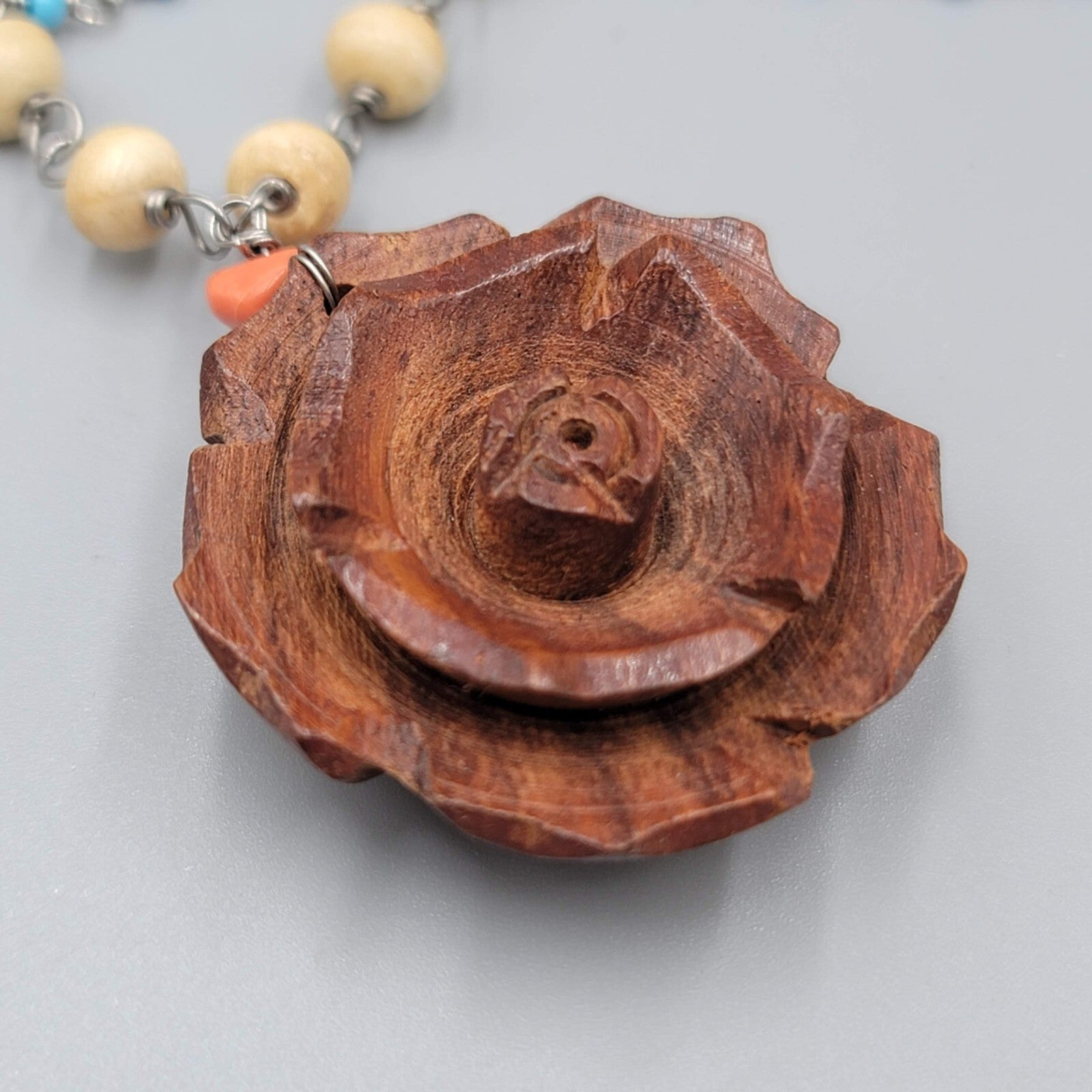Boho Wood Rose Pendant Necklace Silver tone Double Glass Bead Chains 14"-17"
