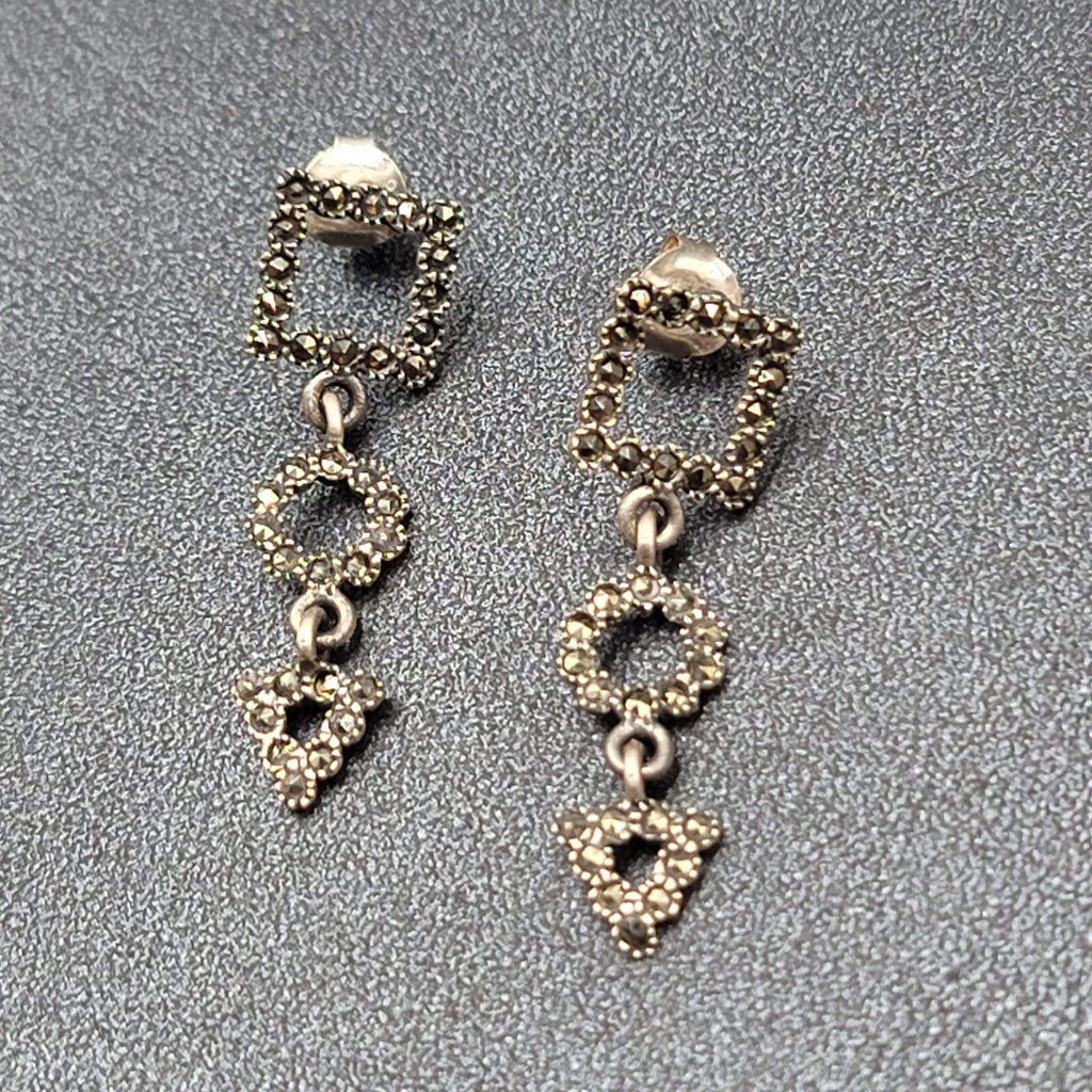 Sterling Silver Pierced Earrings Marcasite Geometric Dangle 1 3/8"