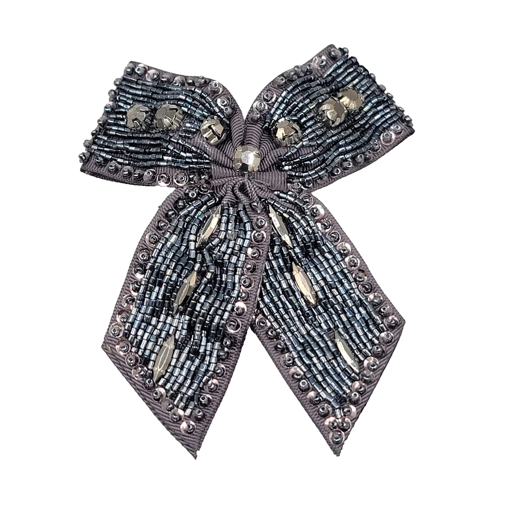 Beaded Bow Brooch Hair Clip Gray Ribbon Rhinestone Crystal Accent Pin 5 Inch