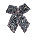 Beaded Bow Brooch Hair Clip Gray Ribbon Rhinestone Crystal Accent Pin 5 Inch