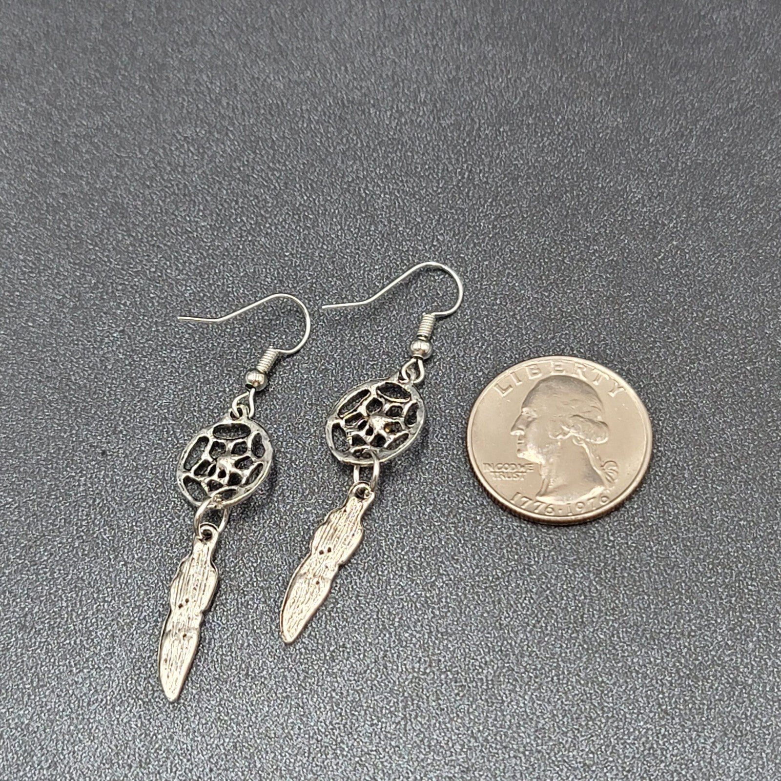 Dreamcatcher Pierced Earrings Silver tone Blue Rhinestone Enamel Feather  1 5/8"