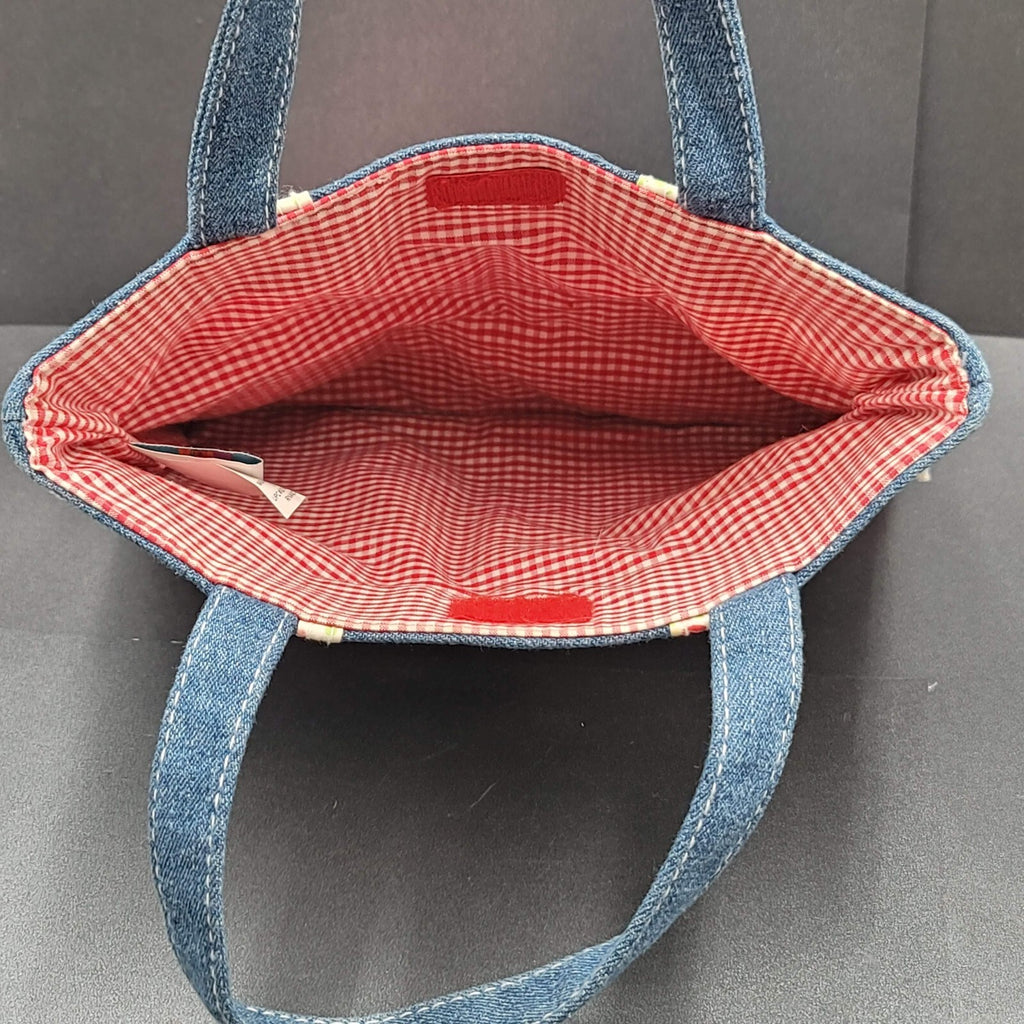 Vintage Denim Purse Red White Plaid Flowers 9.25" x 7.75" Toy