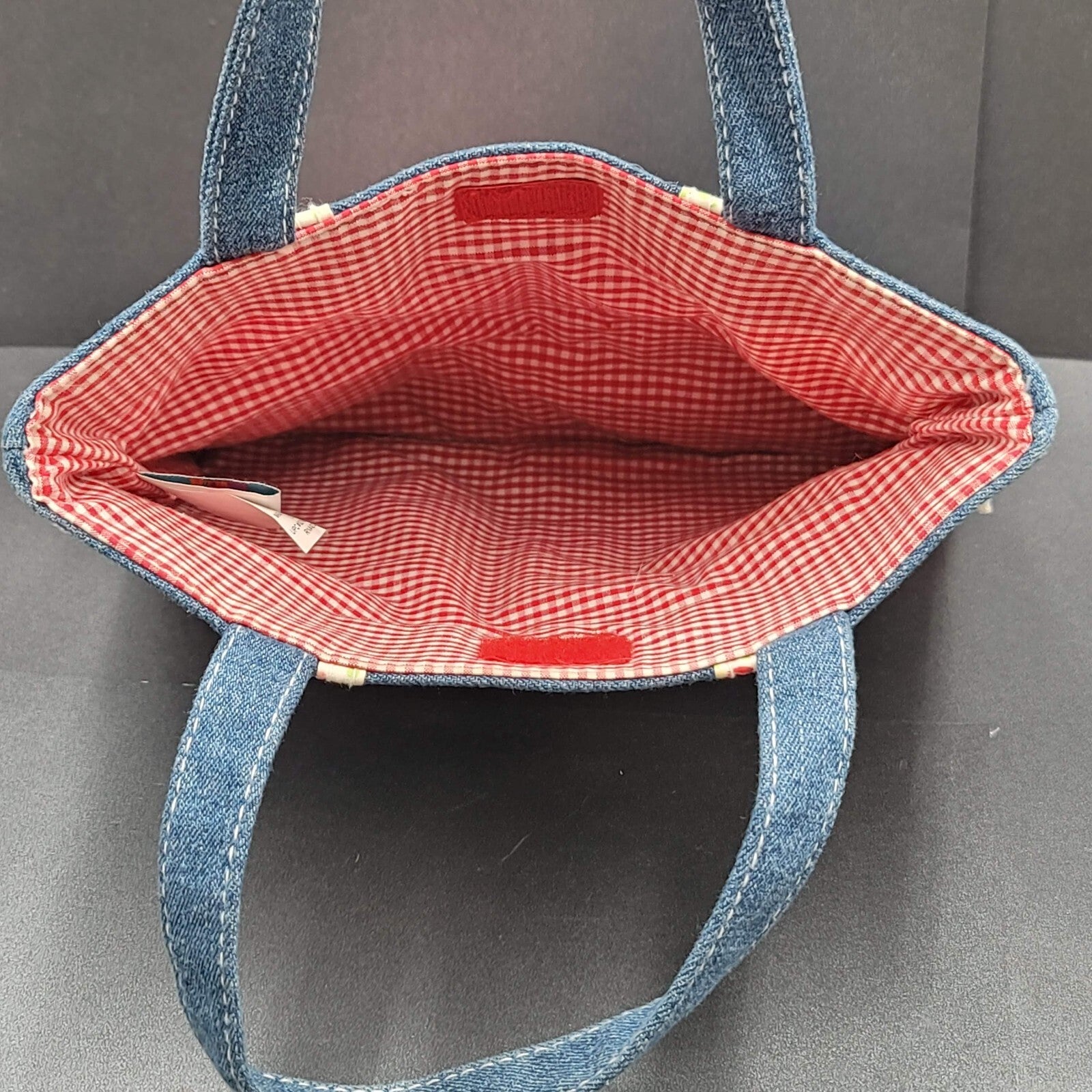 Vintage Denim Purse Red White Plaid Flowers 9.25" x 7.75" Toy