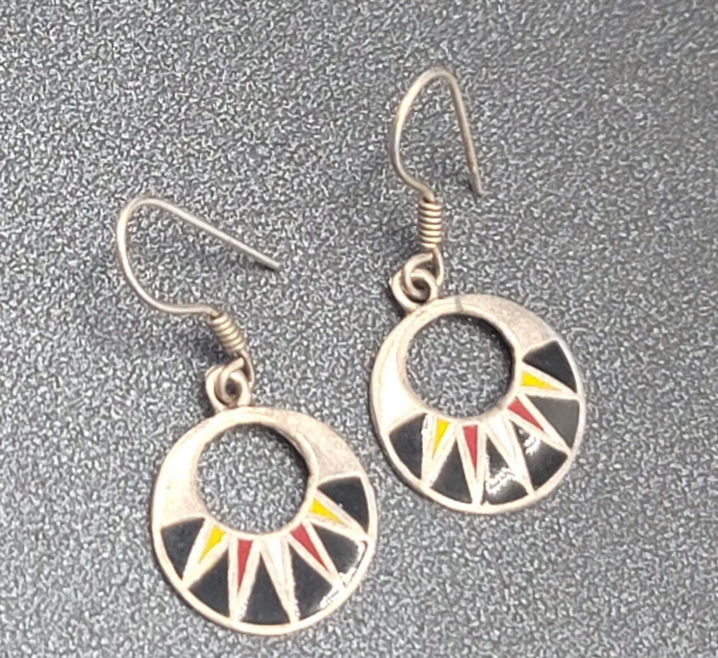 Mexico Sterling Silver Pierced Earrings Enamel Red Black Yellow 925. 5/8"