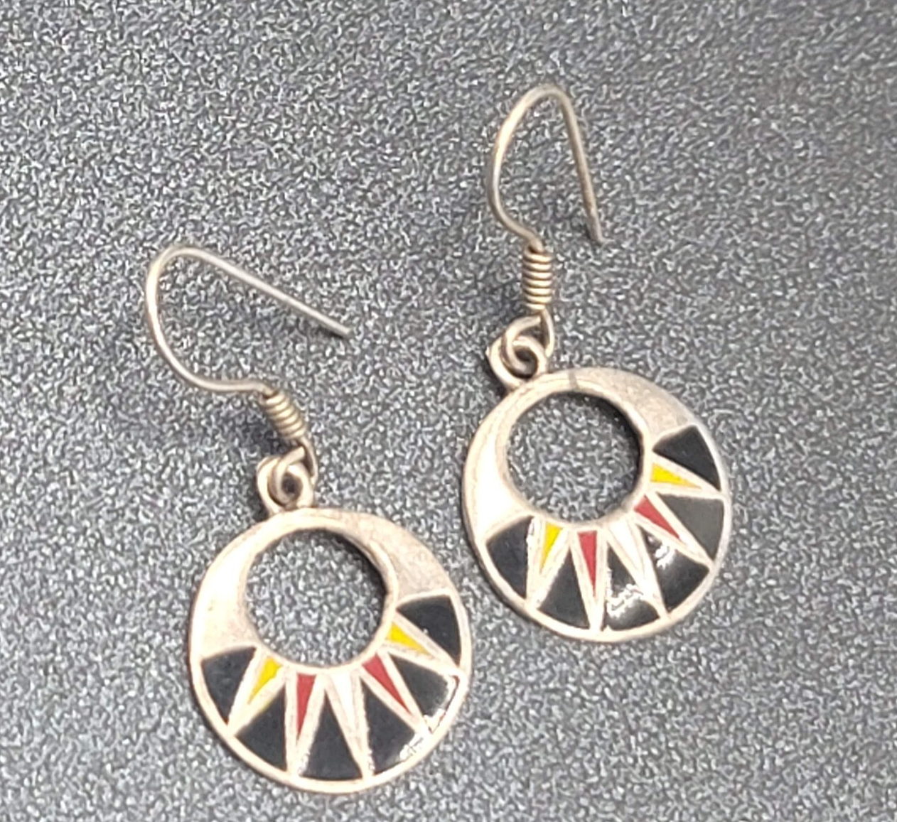 Mexico Sterling Silver Pierced Earrings Enamel Red Black Yellow 925. 5/8"