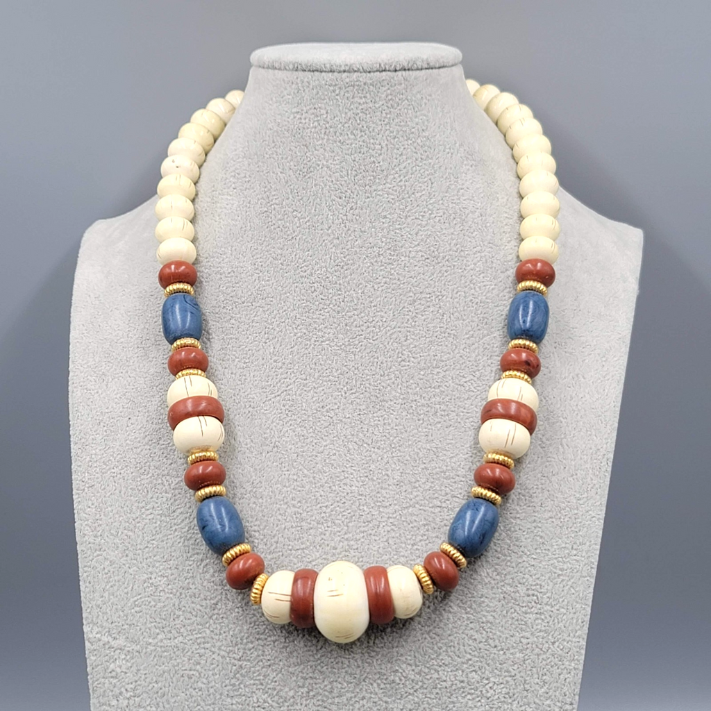 Vintage Beaded Necklace Hidden Clasp Beige Brown Blue Estate Costume Jewelry 20"