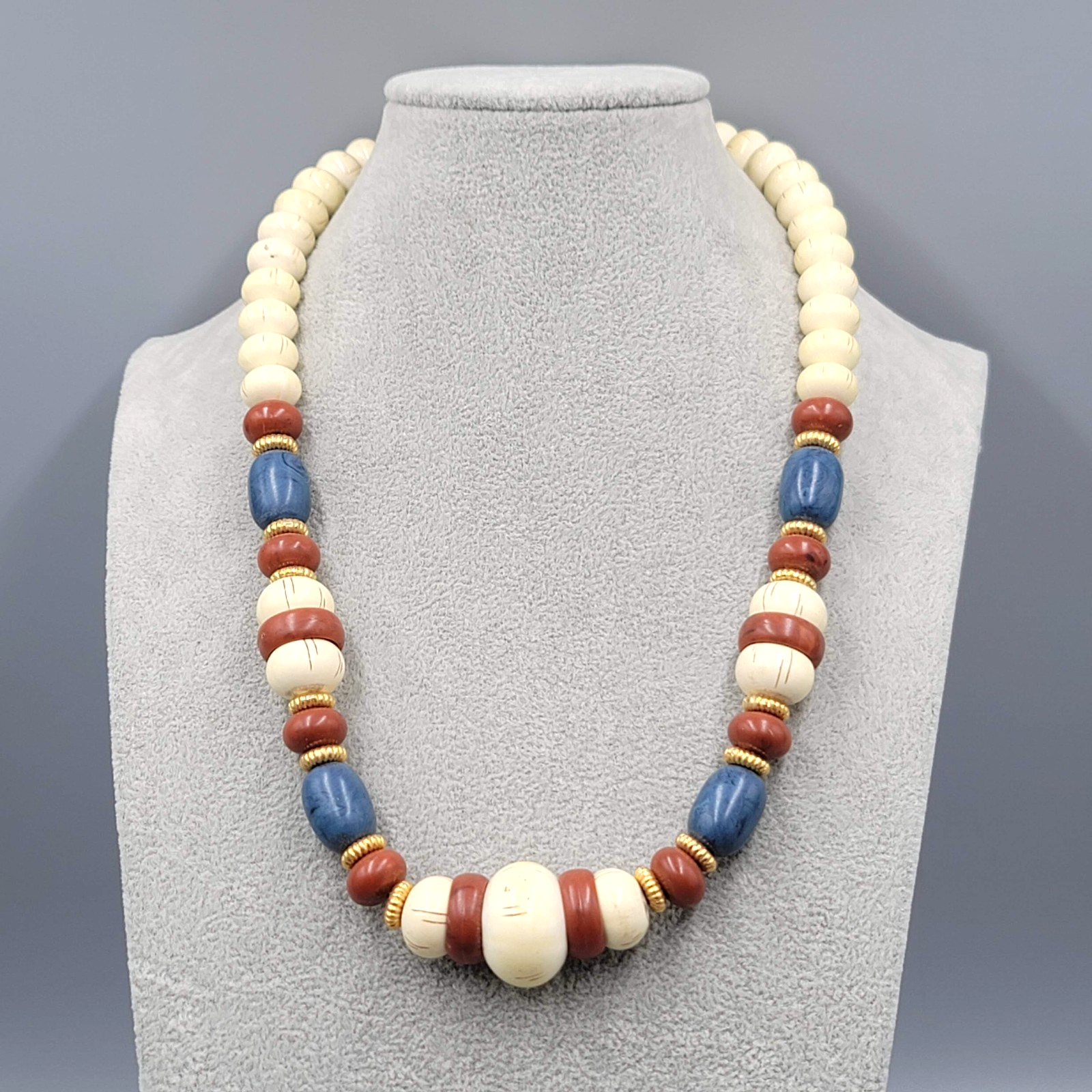 Vintage Beaded Necklace Hidden Clasp Beige Brown Blue Estate Costume Jewelry 20"