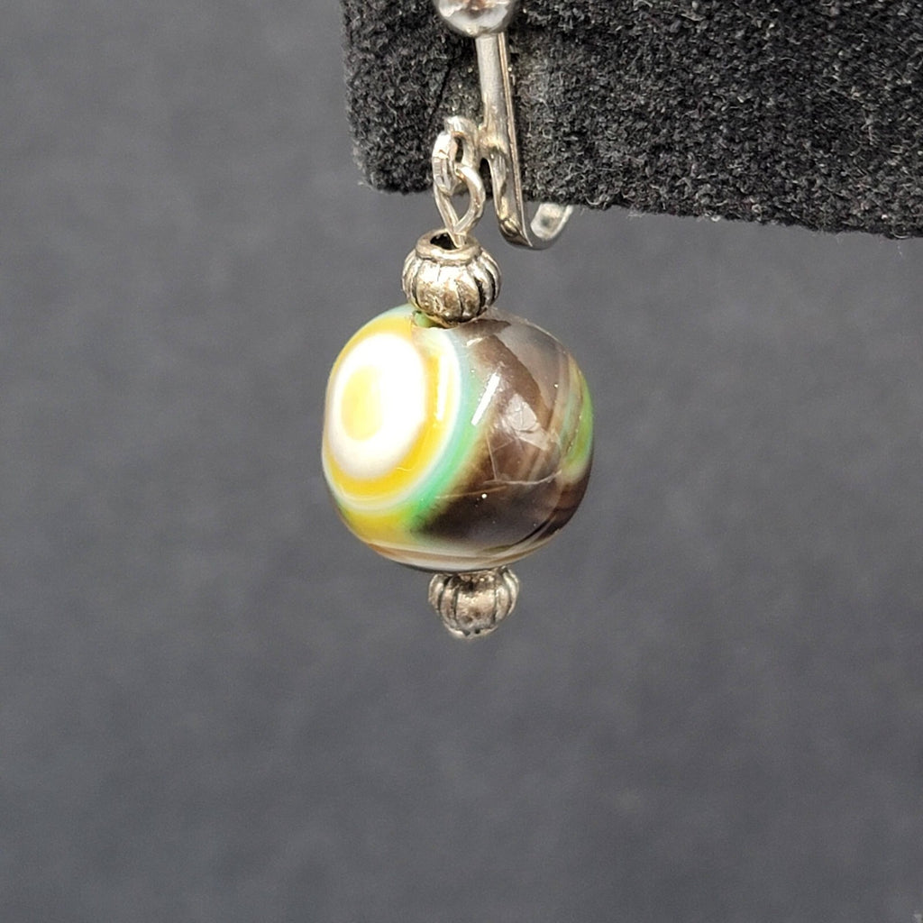 Clip on Earrings Silver tone Slag Glass Marble Bead Dangle 1"