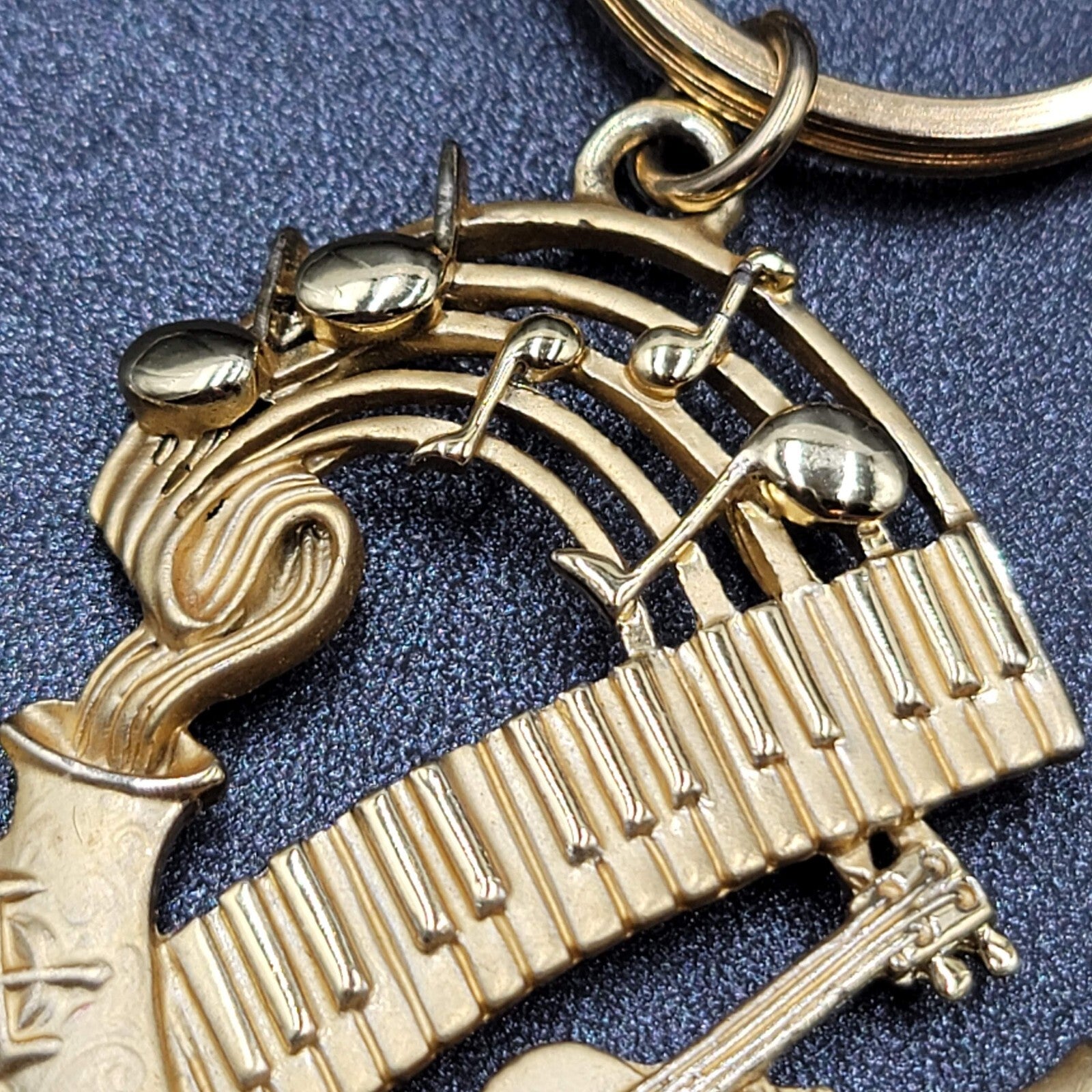 Vintage AJC Keychain Fob Music Sax Guitar Gold tone Piano 3"