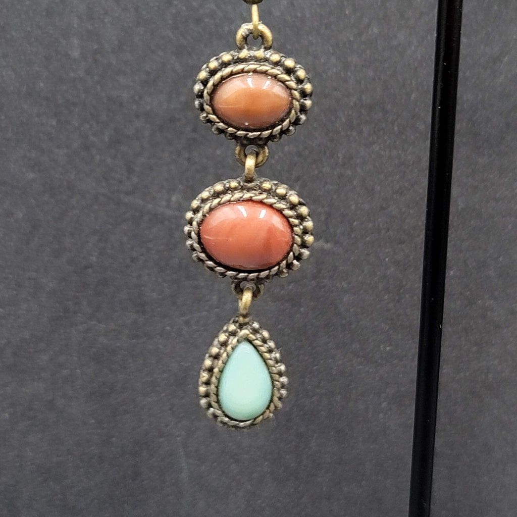 Pierced Earrings Bronze tone Dark Red Light Blue Dangle 2"