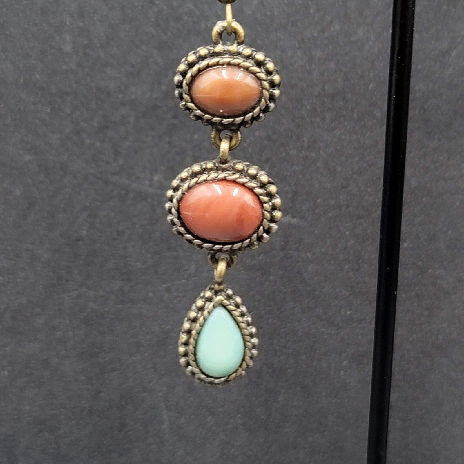 Pierced Earrings Bronze tone Dark Red Light Blue Dangle 2"