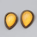 Reverse Teardrop Pierced Earrings Bronze tone Yellow Dome Drop 1"