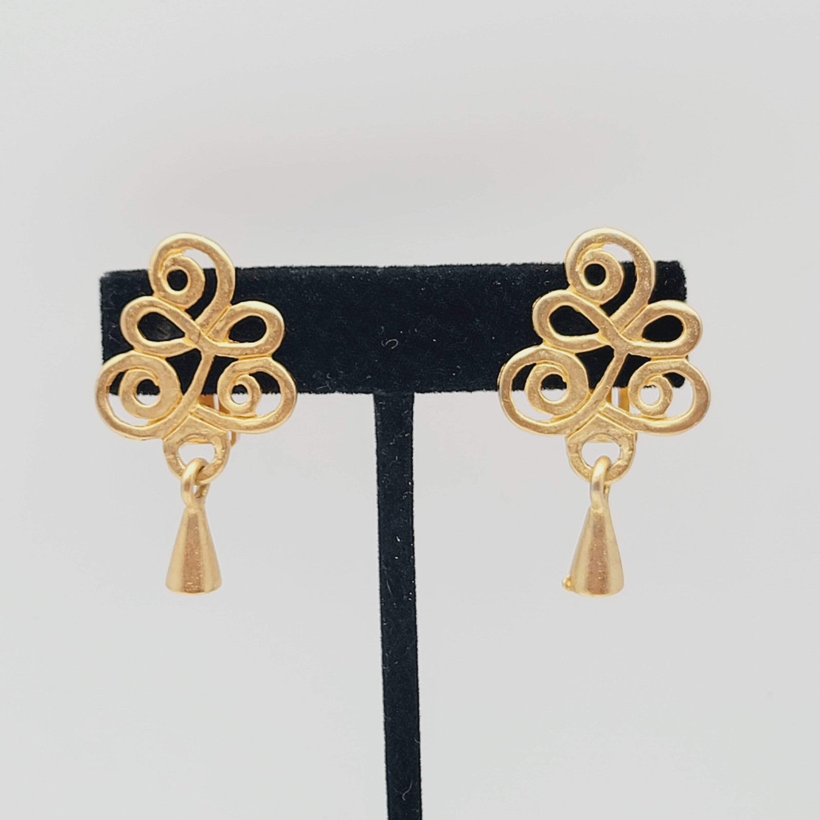 Vintage Open Work Clip on Earrings Matte Gold Plated Dangle 1.5 in