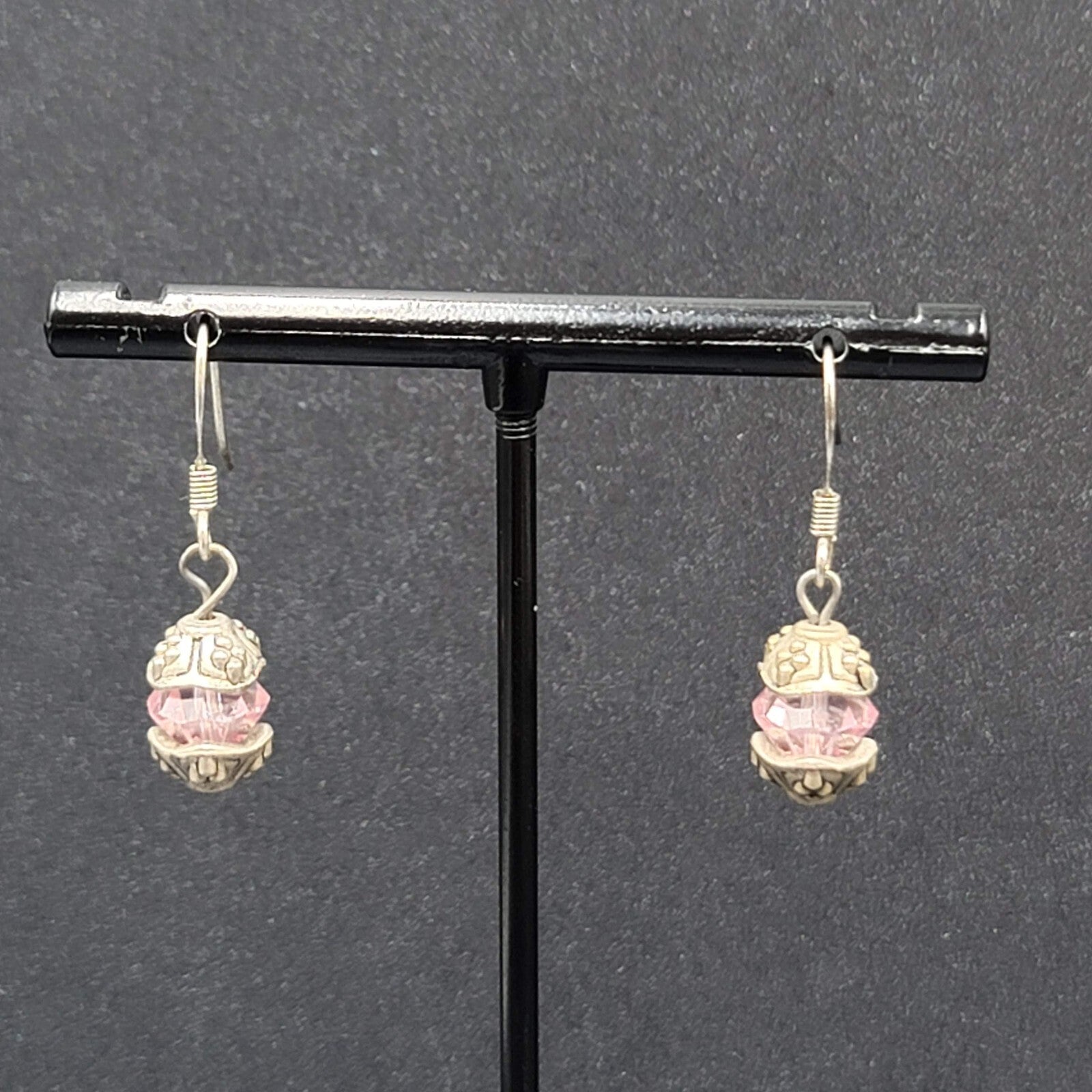 Pierced Earrings Silver tone Pink Crystal Bead Dangle 5/8"