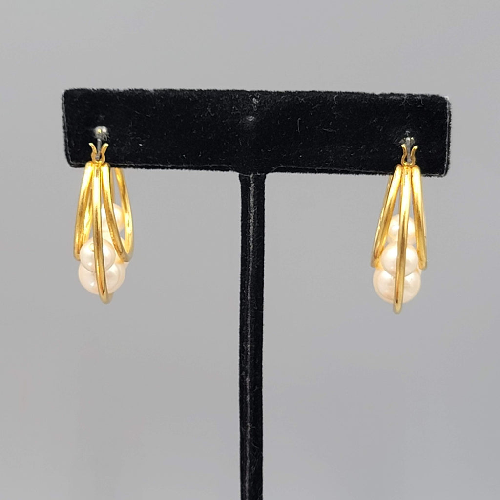 Vintage Hoop Pierced Earrings Caged White Beads Gold tone Dangle 1.25 in
