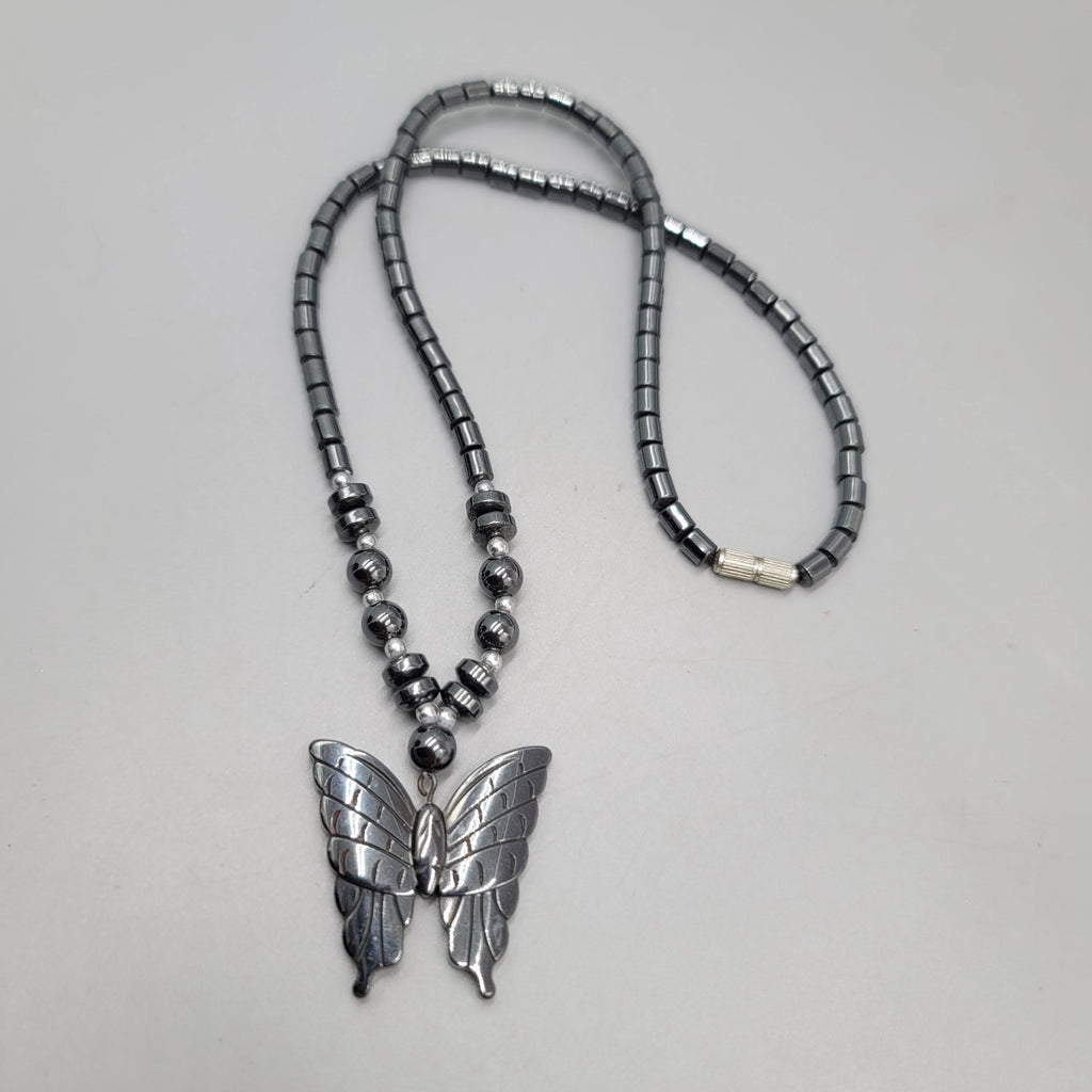 Vintage Butterfly Necklace Hematite Stone Beaded Pendant 18 in